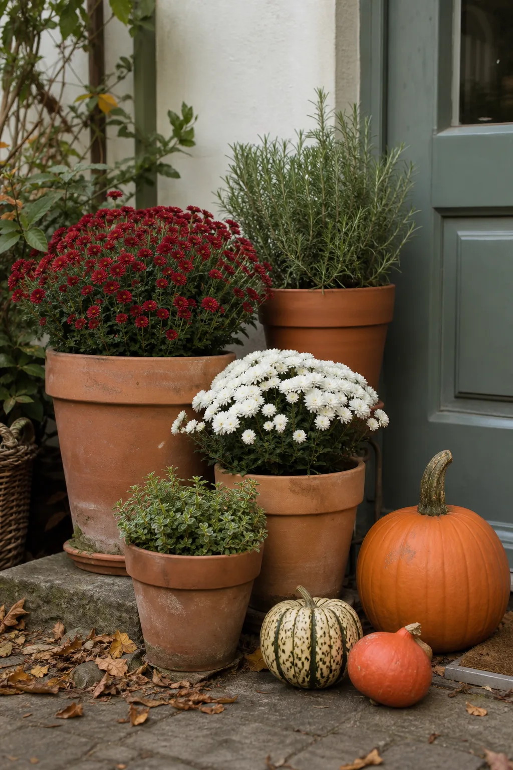 Gruppe von Terracottatöpfen mit Chrysanthemen und Kräutern neben einer Haustür, davor Kürbisse und Herbstlaub