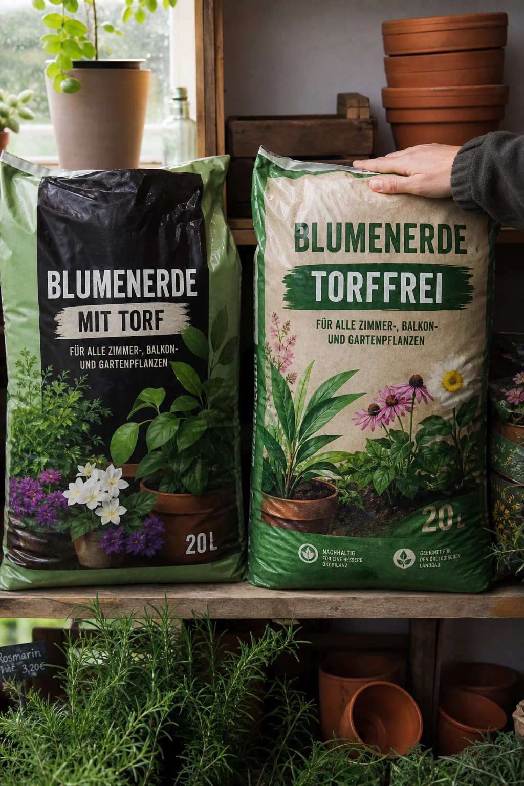 Zwei Säcke Blumenerde im Regal nebeneinander, einer mit Torf, einer als torffrei gekennzeichnet — die Hand der Gärtnerin liegt auf der torffreien Variante.