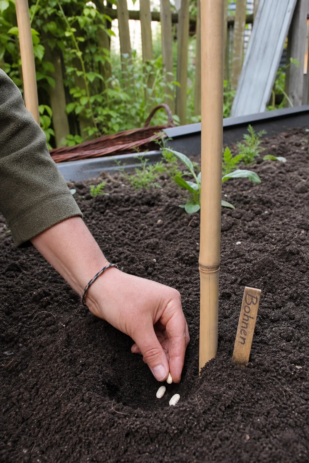 Hand drückt drei Bohnensamen in ein Pflanzloch neben einer langen Bambusstange in einem Gemüsebeet, daneben steckt ein kleines Holzschild mit der Aufschrift Bohnen.