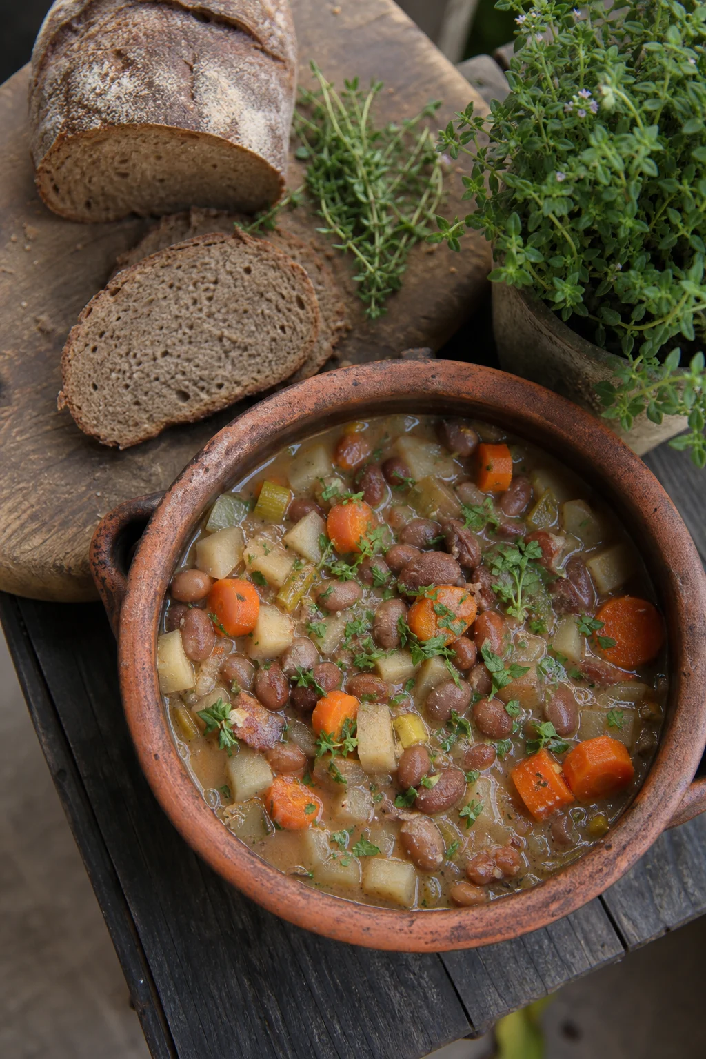 Rustikaler Steinguttopf mit dampfendem Bohneneintopf mit Möhren, Lauch und Kräutern, daneben ein Holzbrett mit krustigem Roggenbrot und einem Thymianzweig.