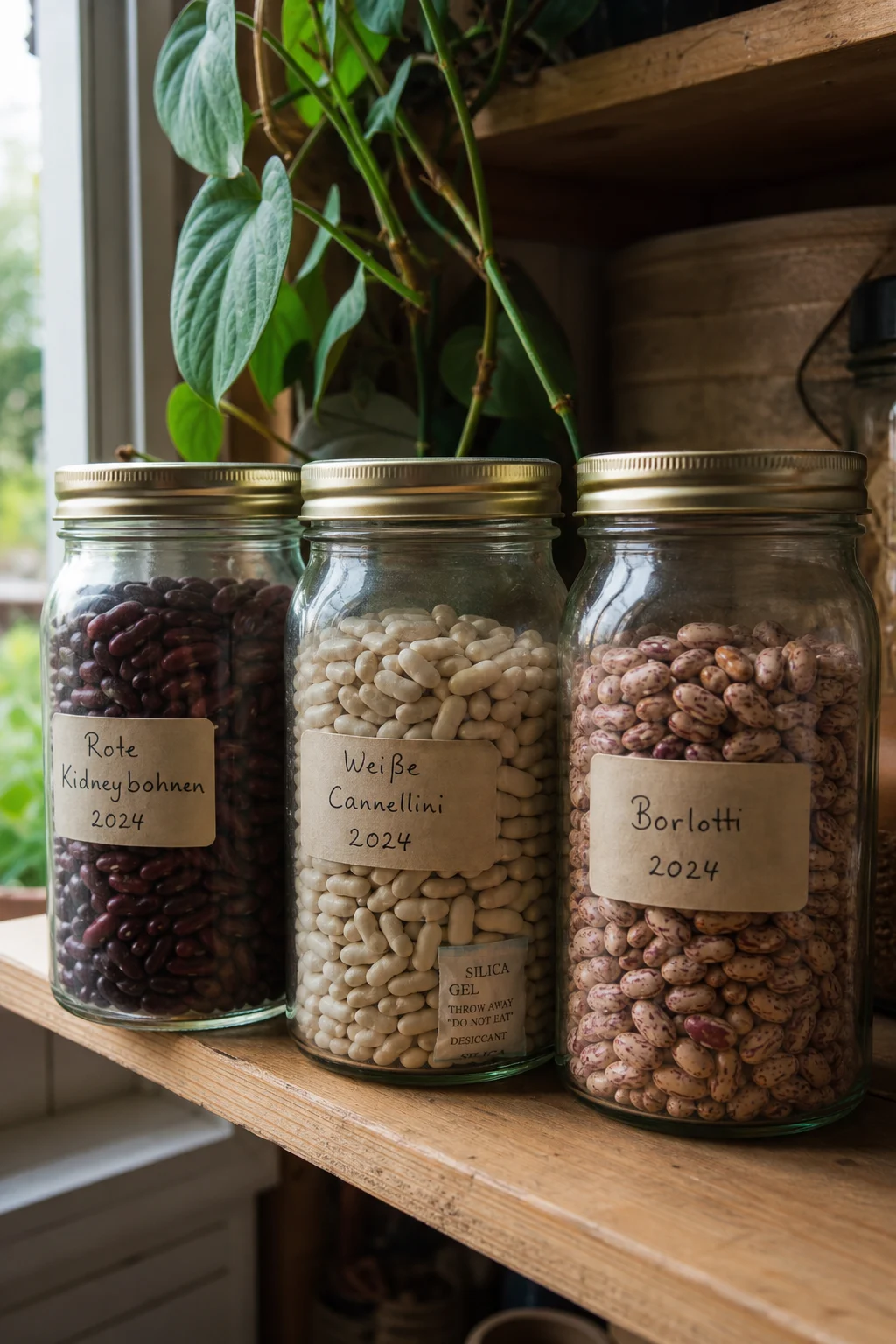 Drei Schraubgläser auf einem Vorratsregal, je gefüllt mit Kidneybohnen, weißen Cannellini und gefleckten Borlotti, jedes Glas mit handbeschriftetem Zettel mit Sortenname und Jahr.