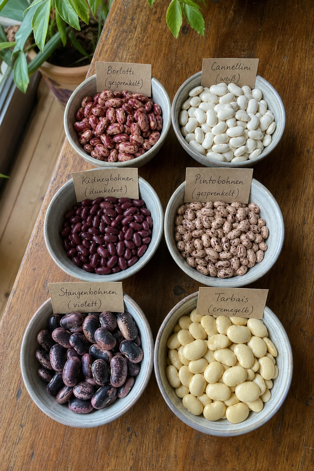 Sechs kleine Schalen mit verschiedenen Trockenbohnen-Sorten auf einem Holztisch, rote Borlotti, weiße Cannellini, dunkle Kidneybohnen, gefleckte Pinto, große Käferbohnen und cremegelbe Tarbais, jede Schale mit handgeschriebenem Zettel beschriftet.