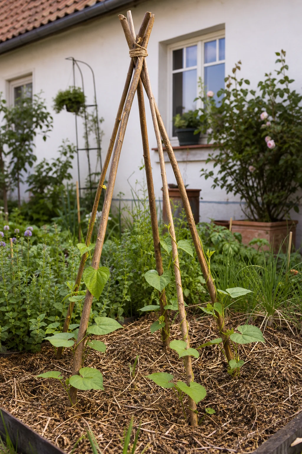 Frisch gebautes Bohnentipi aus sechs Haselruten in einem Gemüsegarten, oben mit Bindegarn zusammengebunden, junge Bohnenpflanzen klettern bereits am unteren Drittel, der Boden ist mit Stroh gemulcht.
