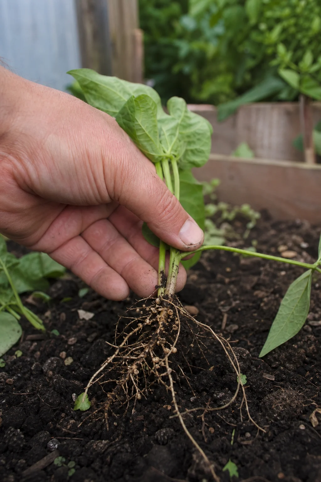 Hand hebt vorsichtig eine junge Bohnenpflanze aus dunkler Gartenerde, an den Wurzeln sind weiße Knöllchen der Stickstoffbakterien deutlich erkennbar.