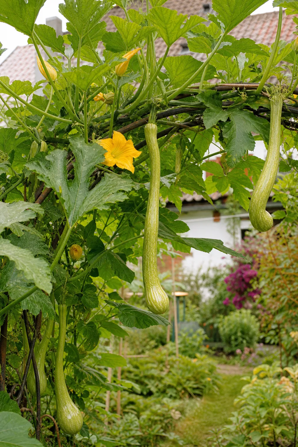 Lange, gebogene hellgrüne Tromboncino-Zucchini hängen von einem Gartenbogen