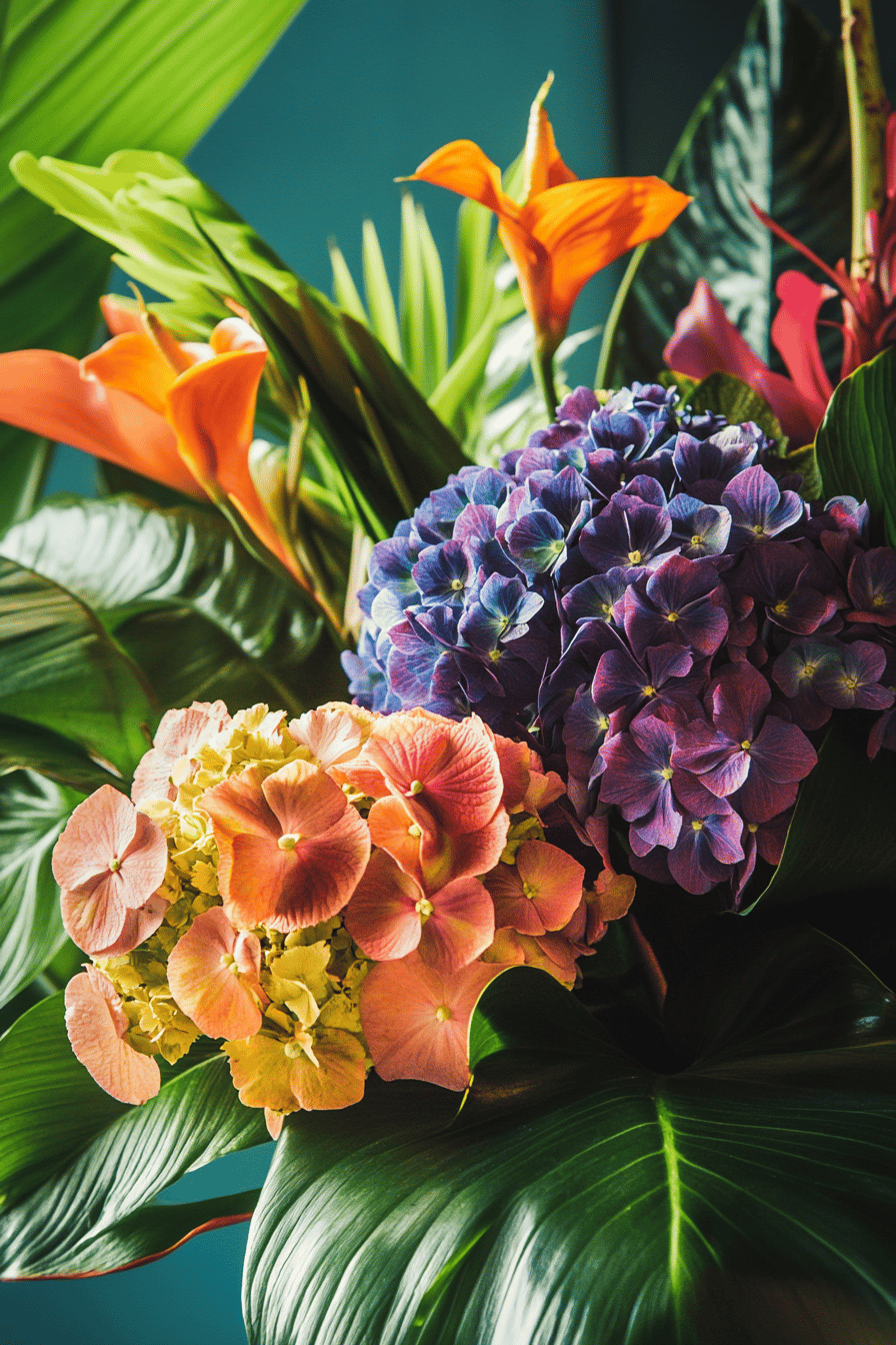 Ein tropischer Brautstrauß aus farbenfrohen Hortensien und exotischen Blüten.