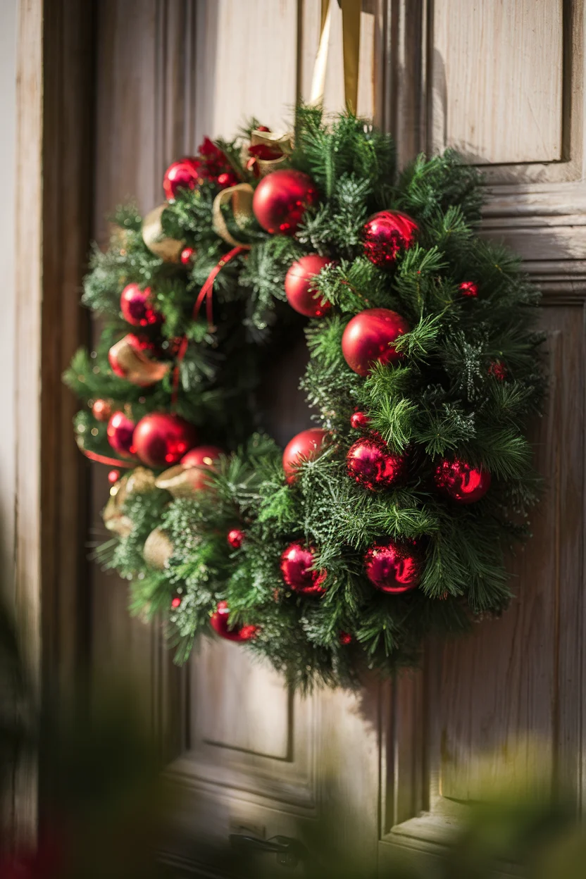 Klassische Weihnachtskränze mit roten Kugeln