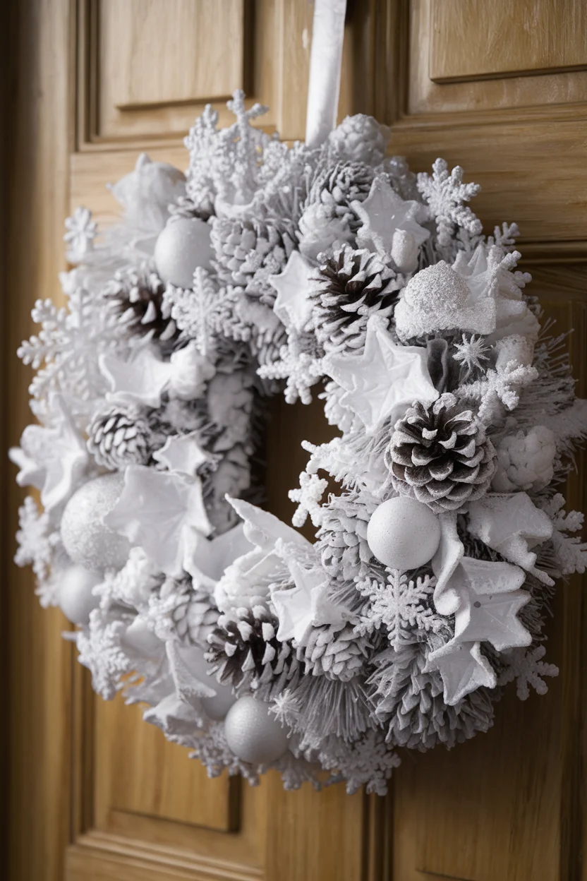 Weiße Weihnachtskränze für eine winterliche Atmosphäre
