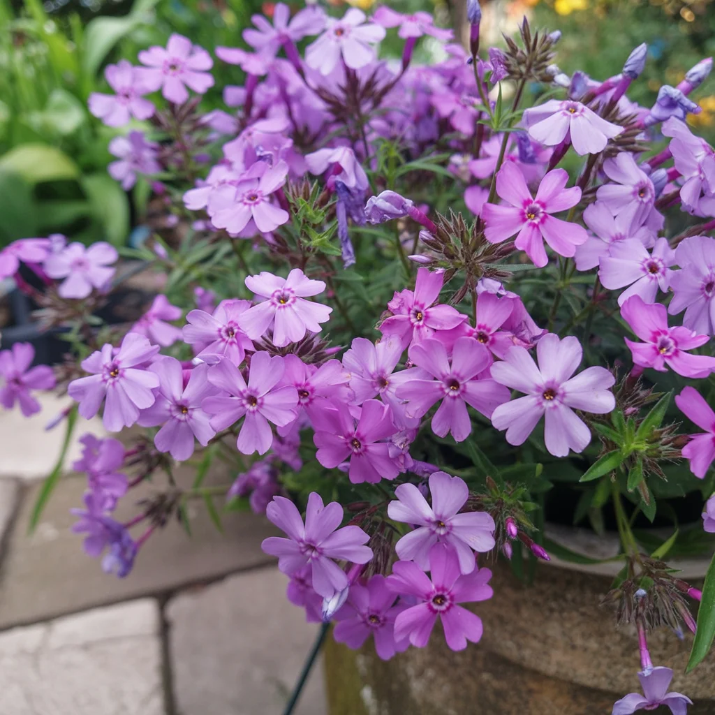 Rosa und violett blühender Polsterphlox über einer Steinkante