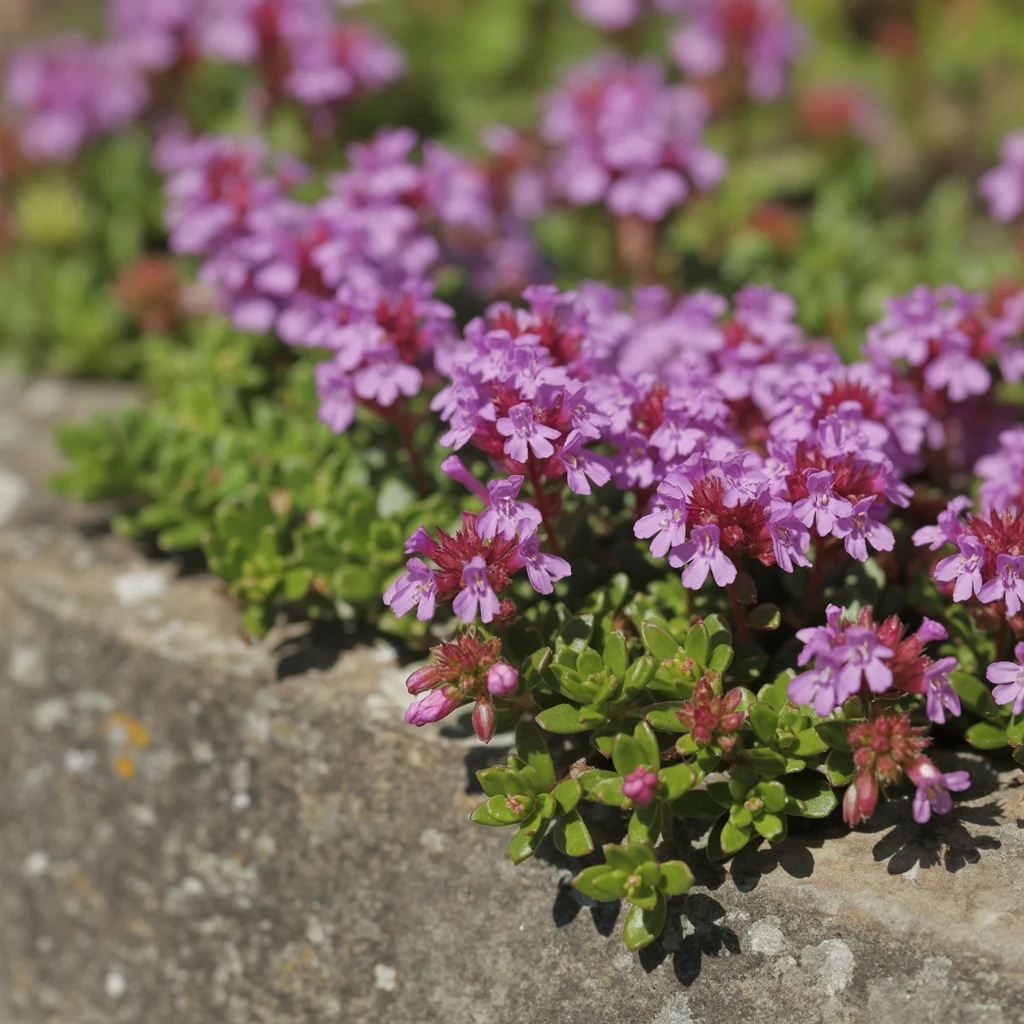 Rosa blühender Sand-Thymian auf einer Mauerkrone