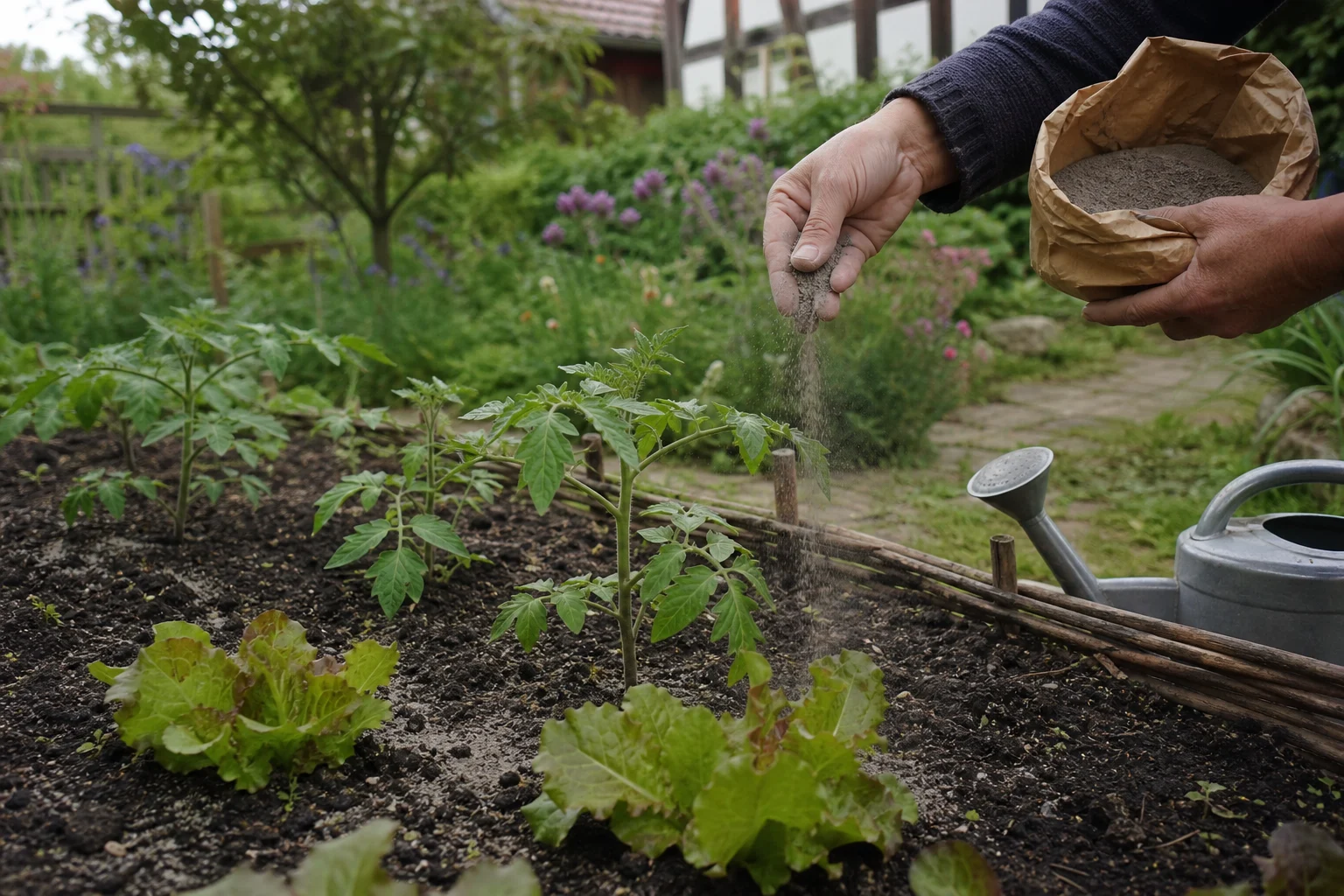 Hand verteilt feines graubraunes Urgesteinsmehl aus einer Papiertüte über ein Gemüsebeet mit jungen Tomaten- und Salatpflanzen.