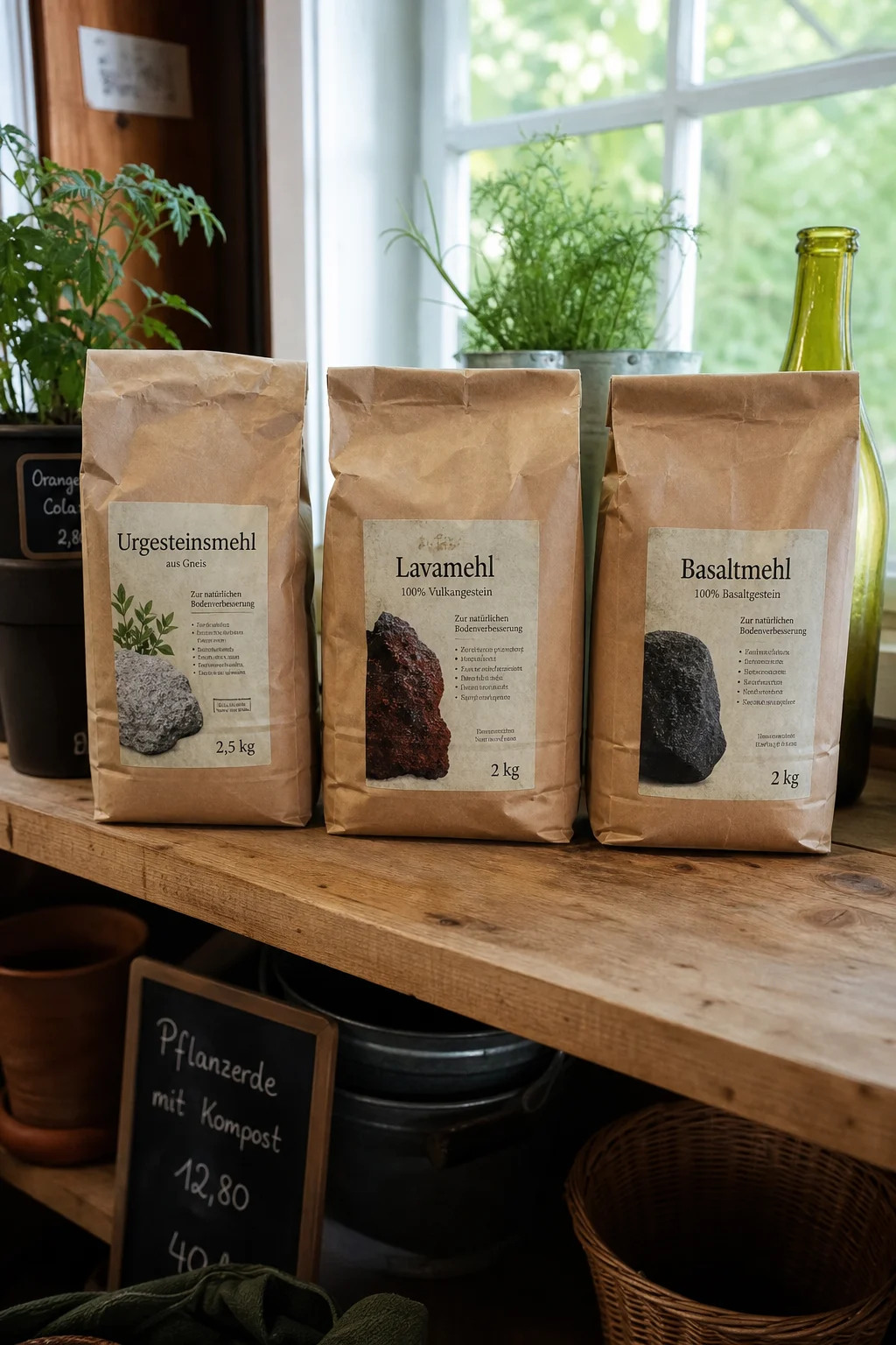 Drei Papiersäcke mit Urgesteinsmehl, Lavamehl und Basaltmehl nebeneinander auf einem Holzregal in einem Hofladen, mit lesbaren Etiketten.