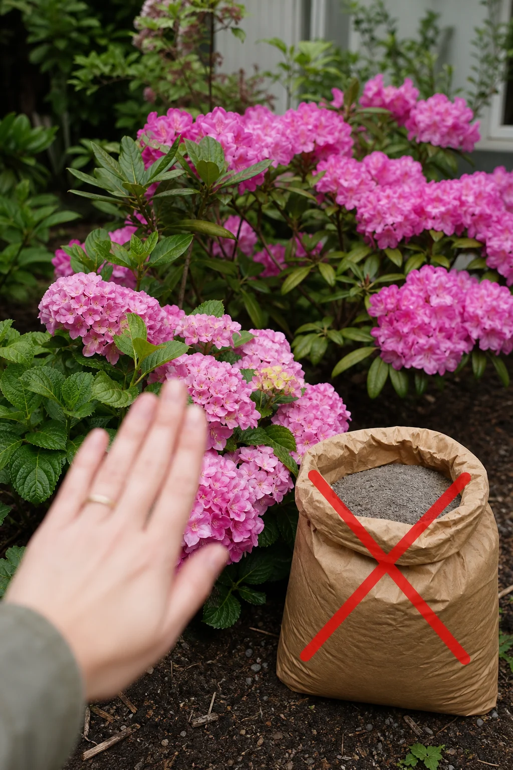 Blühende rosa Hortensie und Rhododendron im Halbschatten, daneben eine durchgestrichene Tüte Urgesteinsmehl als Warnsymbol.