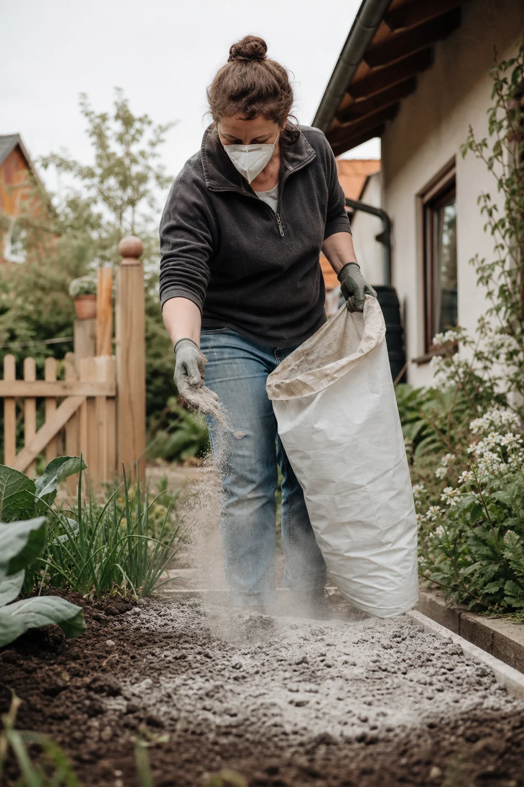 Gärtnerin mit FFP2-Maske und Gartenhandschuhen verteilt Urgesteinsmehl aus einem großen Sack auf das Beet bei windstillem Wetter.