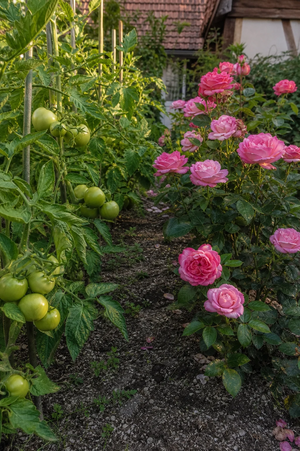 Kräftige Tomatenpflanzen und blühende Rosen im selben Beet mit sichtbarem Urgesteinsmehl auf der Bodenoberfläche.