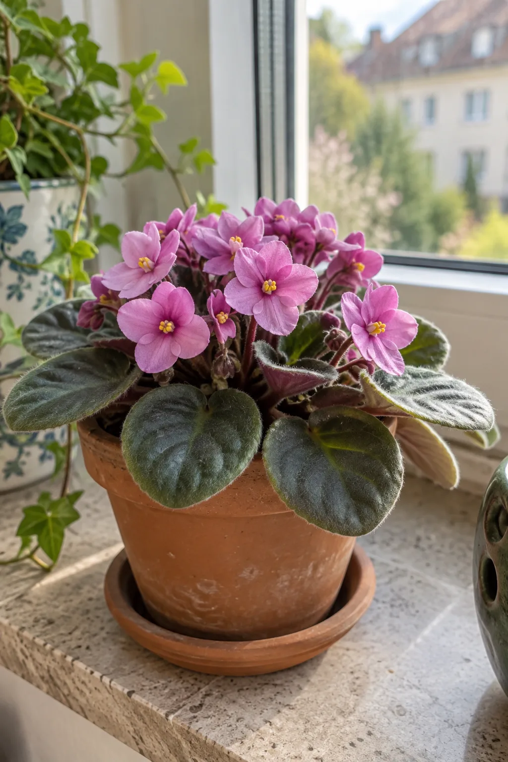 Kleines Usambaraveilchen im Tontopf mit einer Rosette aus behaarten, rundlichen Blättern und einem dichten Kranz rosa Blüten mit gelben Staubbeuteln
