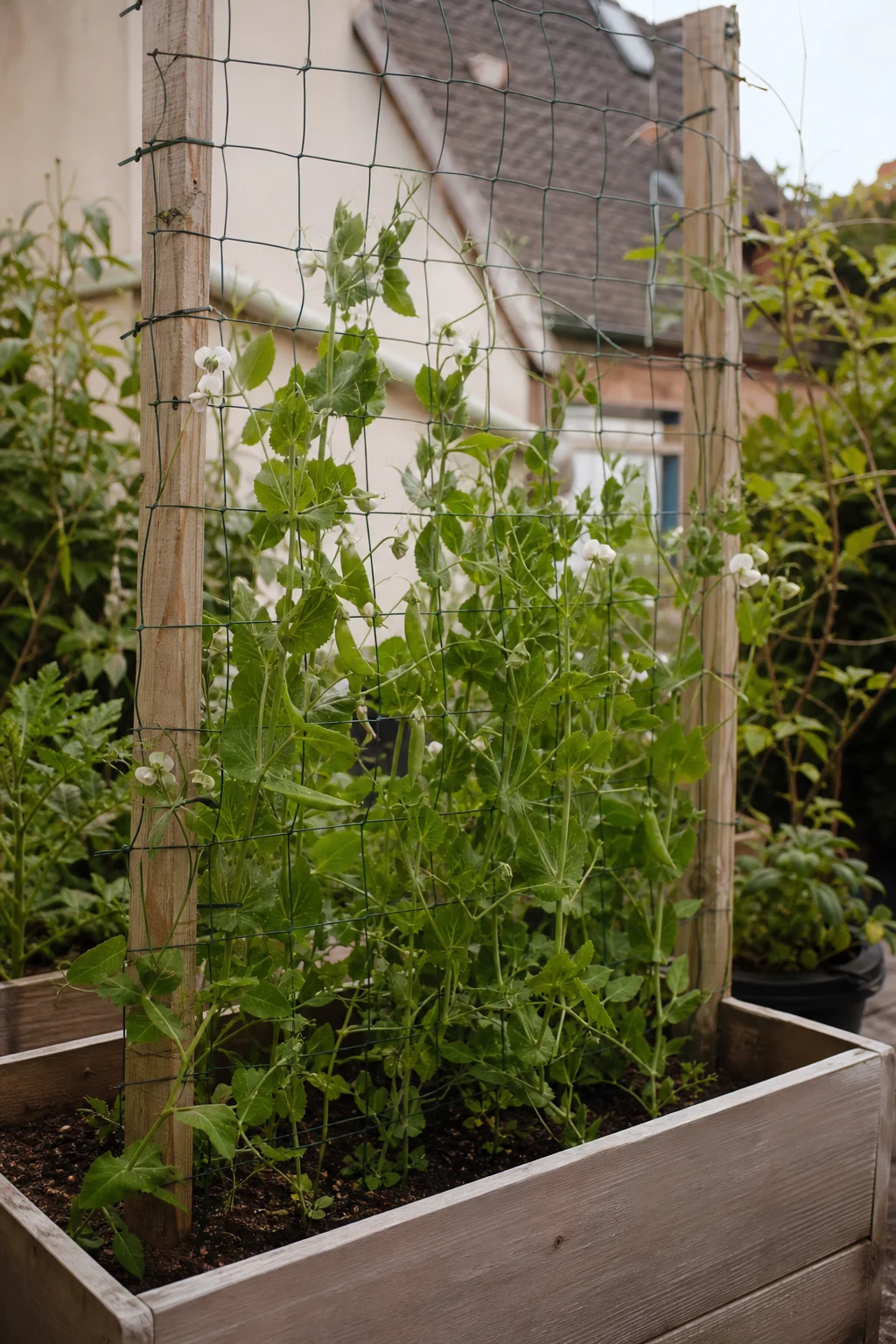 Klettererbsen mit weißen Blüten und kleinen Hülsen an einem grobmaschigen Drahtgitter in einem Hochbeet, das Gitter ist mit zwei Holzpflöcken befestigt.