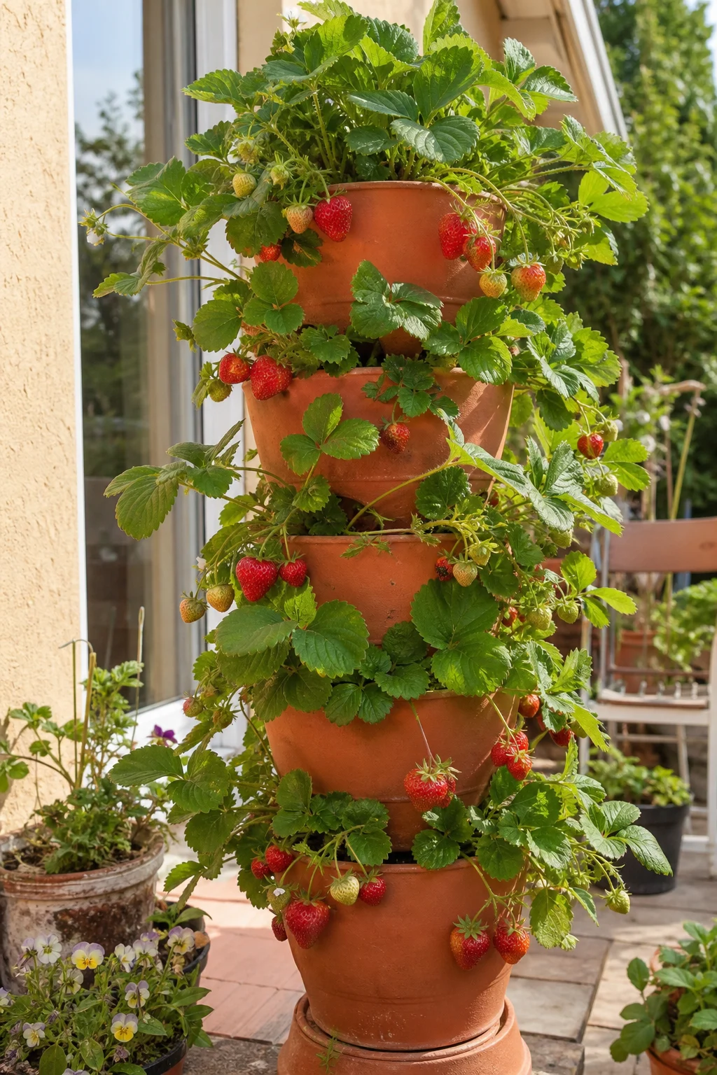 Erdbeerturm aus übereinandergestapelten Terrakotta-Töpfen auf einer Terrasse, reife rote Erdbeeren hängen auf mehreren Ebenen über die Töpfränder.
