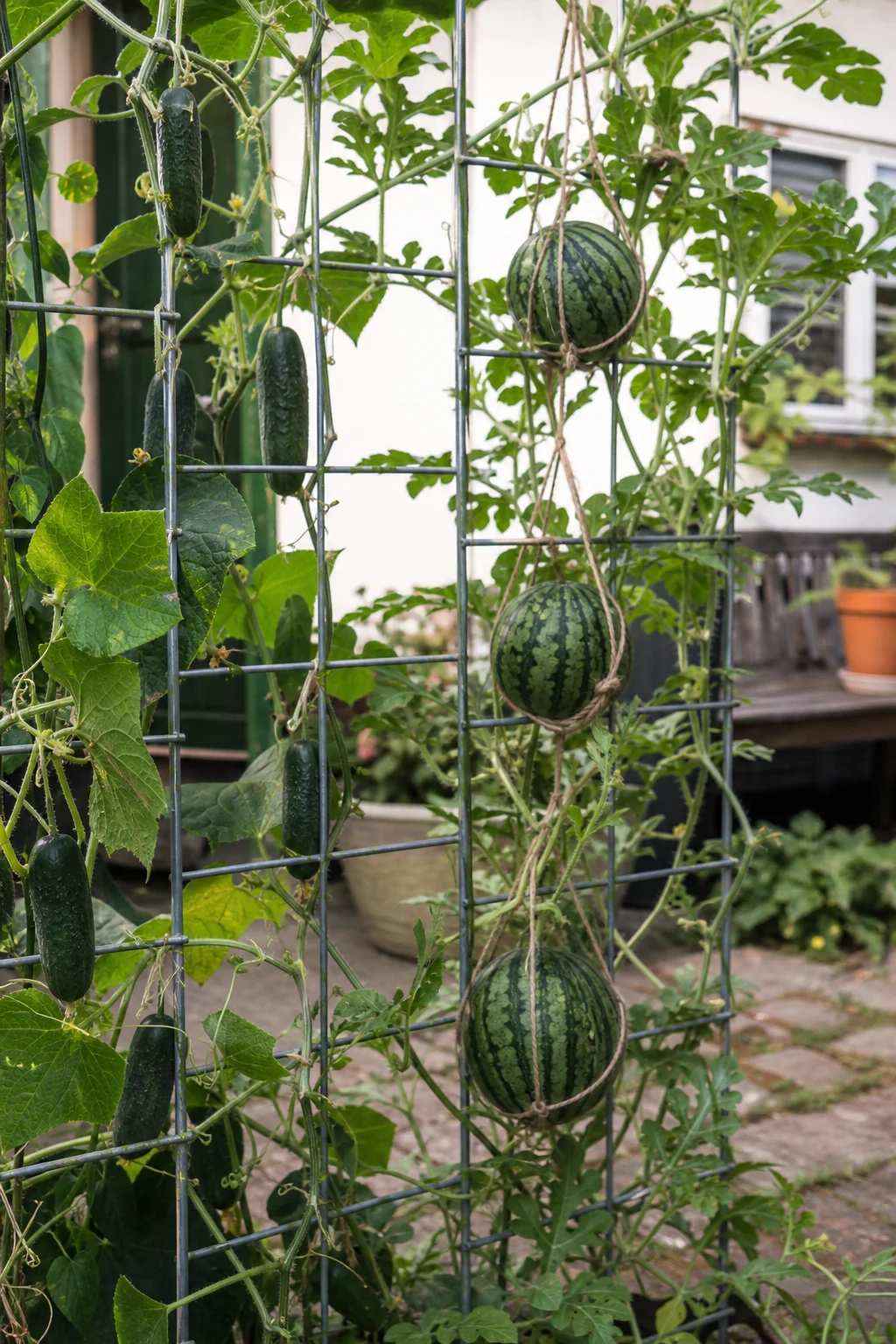 Metallspalier mit kletternden Minigurken und kleinen Sugar-Baby-Wassermelonen, jede kleine Melone ist mit geknüpften Schnur-Schlaufen gestützt.