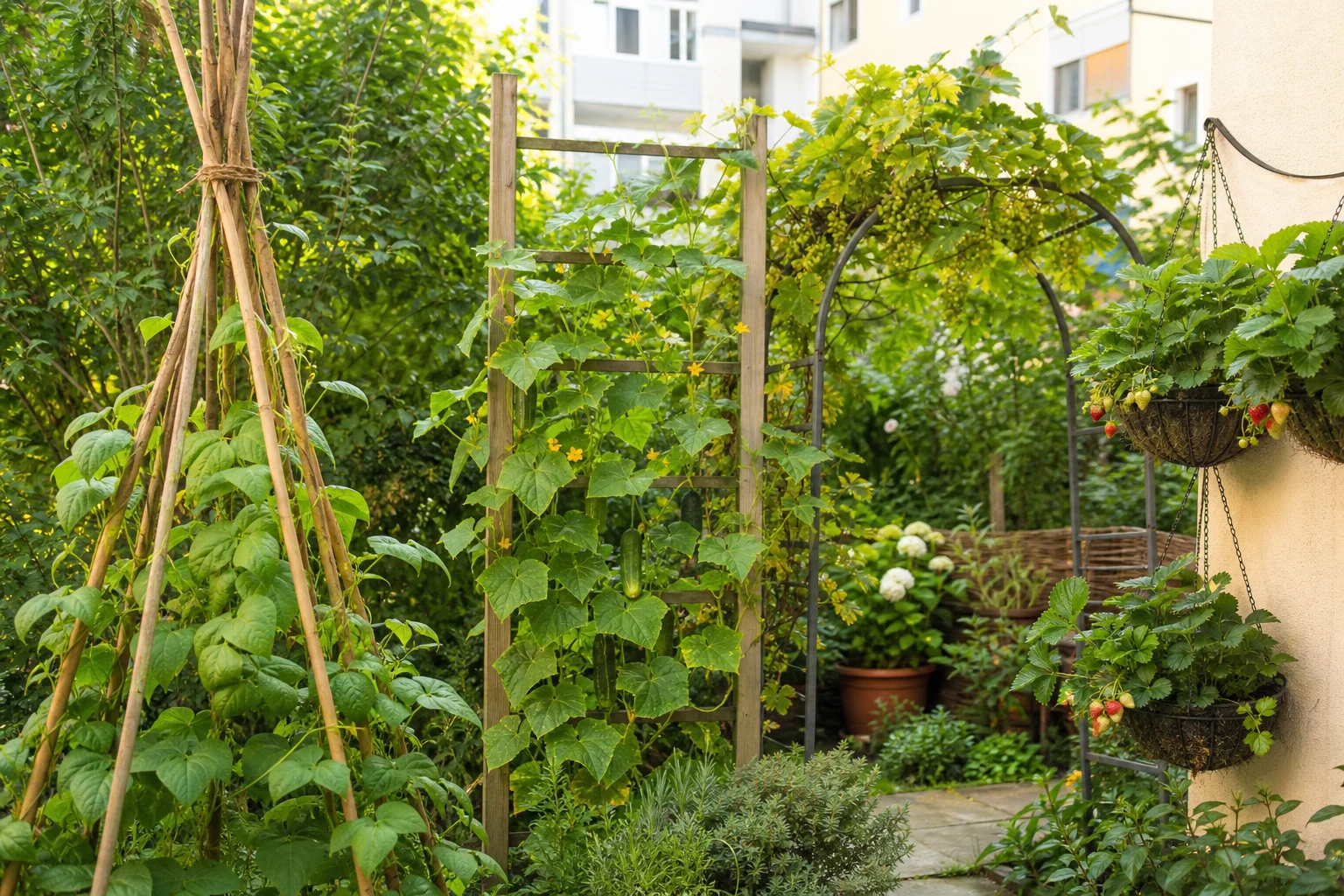 Kleiner Stadtgarten im Sommer mit mehreren senkrechten Strukturen — Bohnentipi aus Haselruten, Holzspalier mit Klettergurken, Metallbogen mit Weinrebe und Hängeampeln mit Erdbeeren an einer sonnigen Mauer.