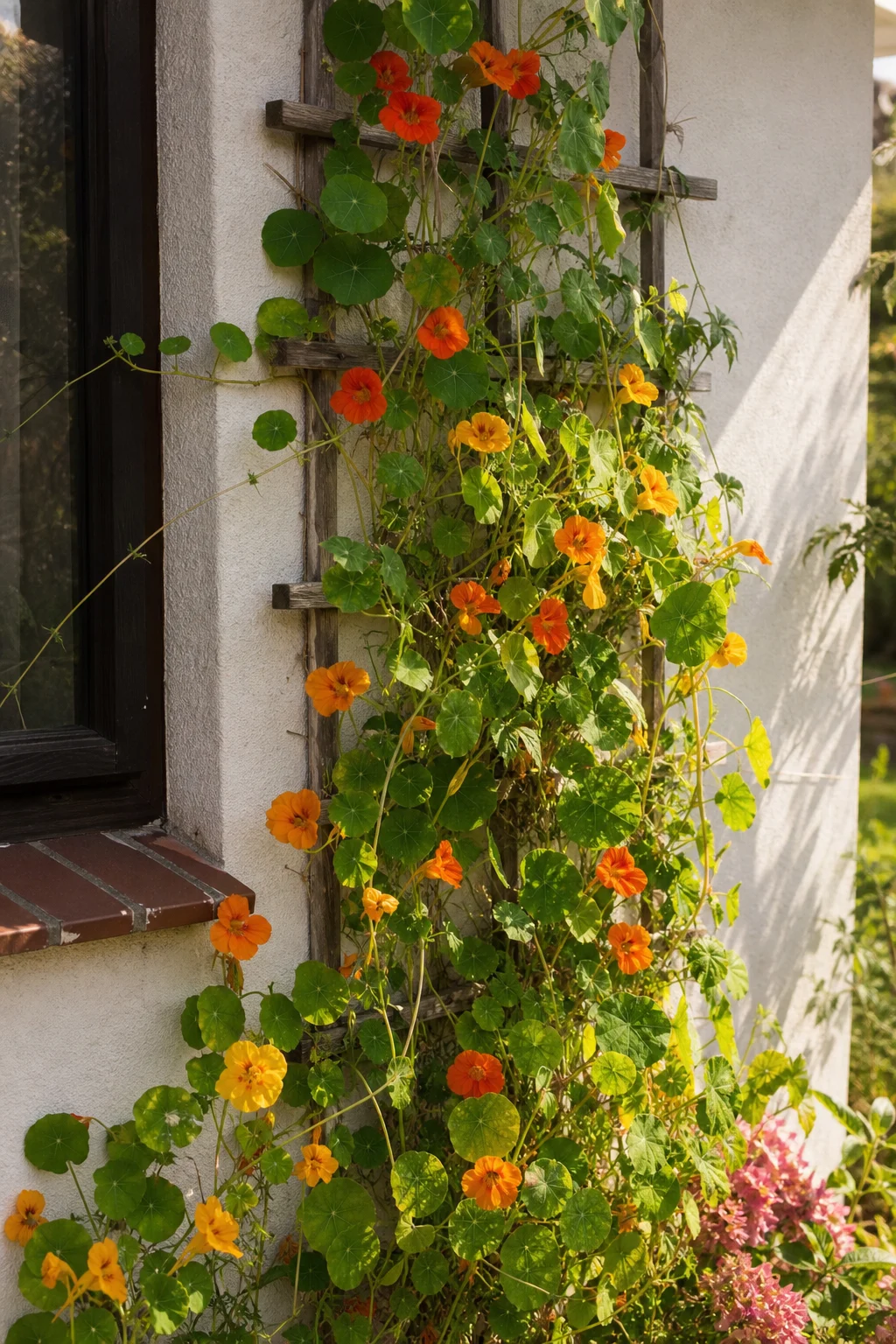 Rankende Kapuzinerkresse mit orangen und gelben Blüten und runden grünen Blättern klettert an einem einfachen Holzspalier vor einer Gartenmauer.