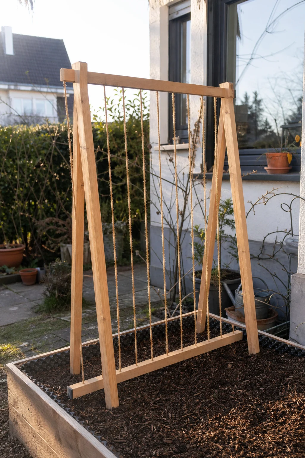 Frisch gebauter A-Rahmen aus Holzlatten mit senkrechten Jute-Schnüren zwischen oberer und unterer Querlatte, steht in einem Gemüsebeet mit gemulchtem Boden, noch ohne Pflanzen.