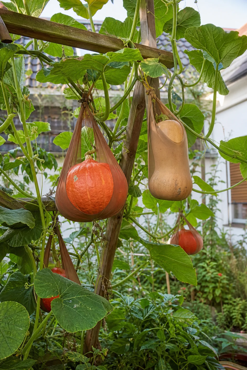 Stabiles Holzspalier in einem Gemüsegarten mit kletternden Butternut- und Hokkaido-Kürbissen, die Früchte sind mit alten Nylonstrümpfen als Hängematten am Spalier befestigt.