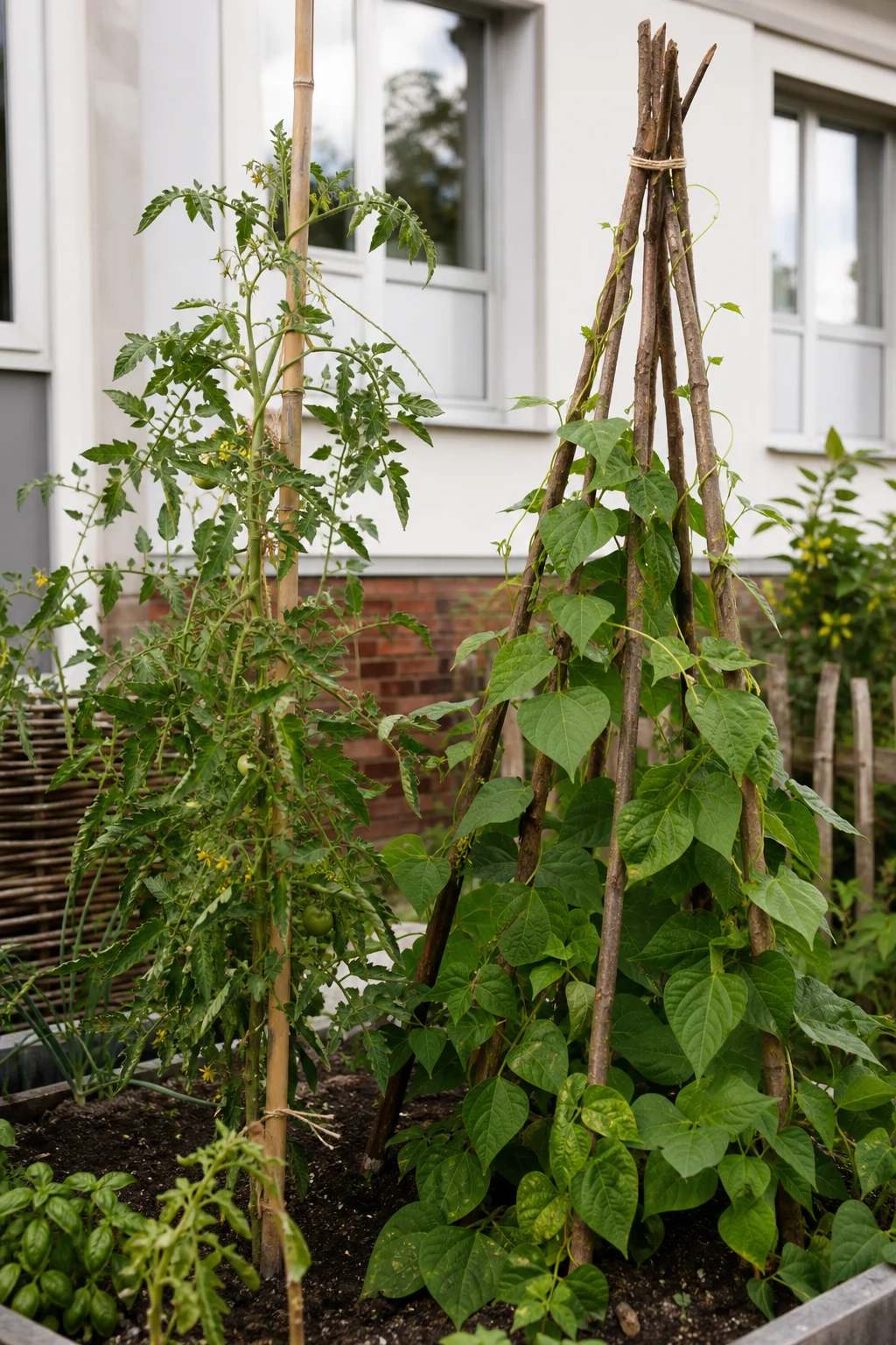 Zwei senkrechte Strukturen nebeneinander im Gartenbeet, links eine hochgewachsene Tomatenpflanze an einer Bambusstange angebunden, rechts ein Bohnentipi aus fünf Haselruten mit kletternden Stangenbohnen.
