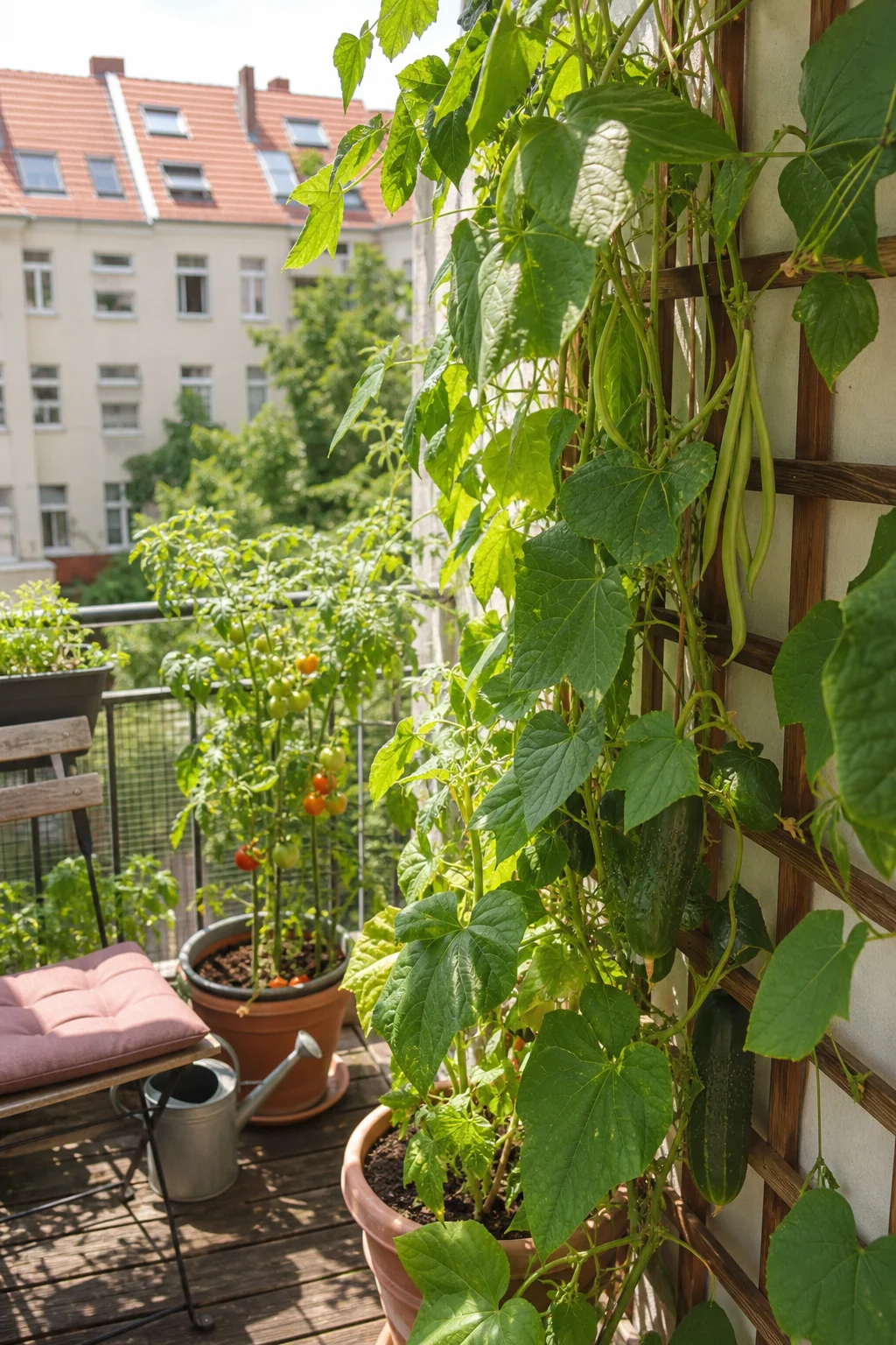 Sonniger Südbalkon in einer deutschen Stadt mit Holzspalier voller Klettergurken und Stangenbohnen mit deutlich sichtbaren Früchten, dazwischen ein kleiner Stuhl und eine Gießkanne.