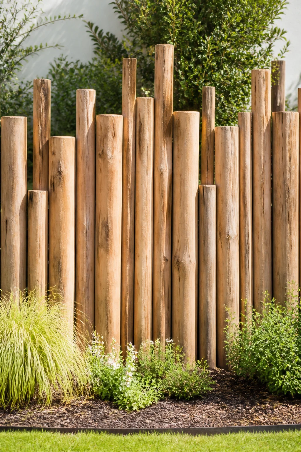 Vertikal montierte Rundhölzer als Sichtschutz im Garten