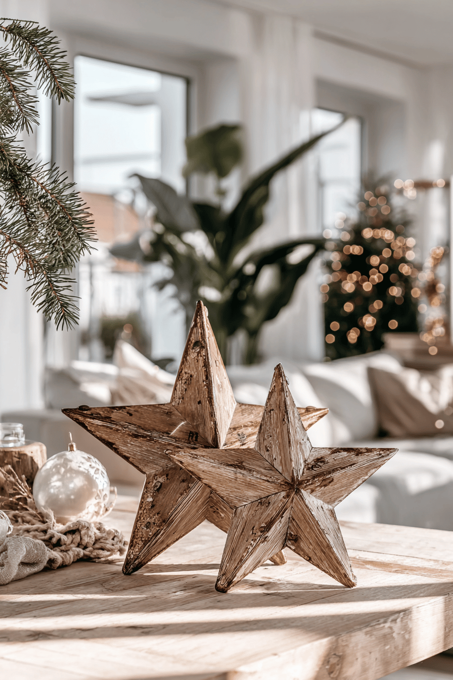 Zwei rustikale Holzsterne auf einem Holztisch mit weihnachtlicher Deko im Hintergrund