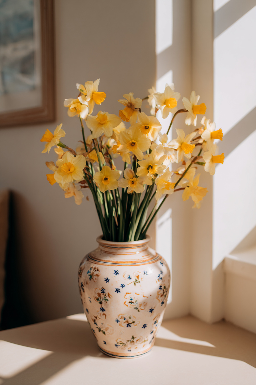 Narzissen in Vintage-Porzellanvase als Tischdekoration