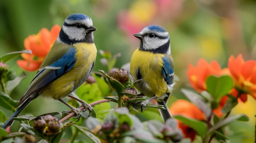 Blaumeisen auf Zweig mit Blumen