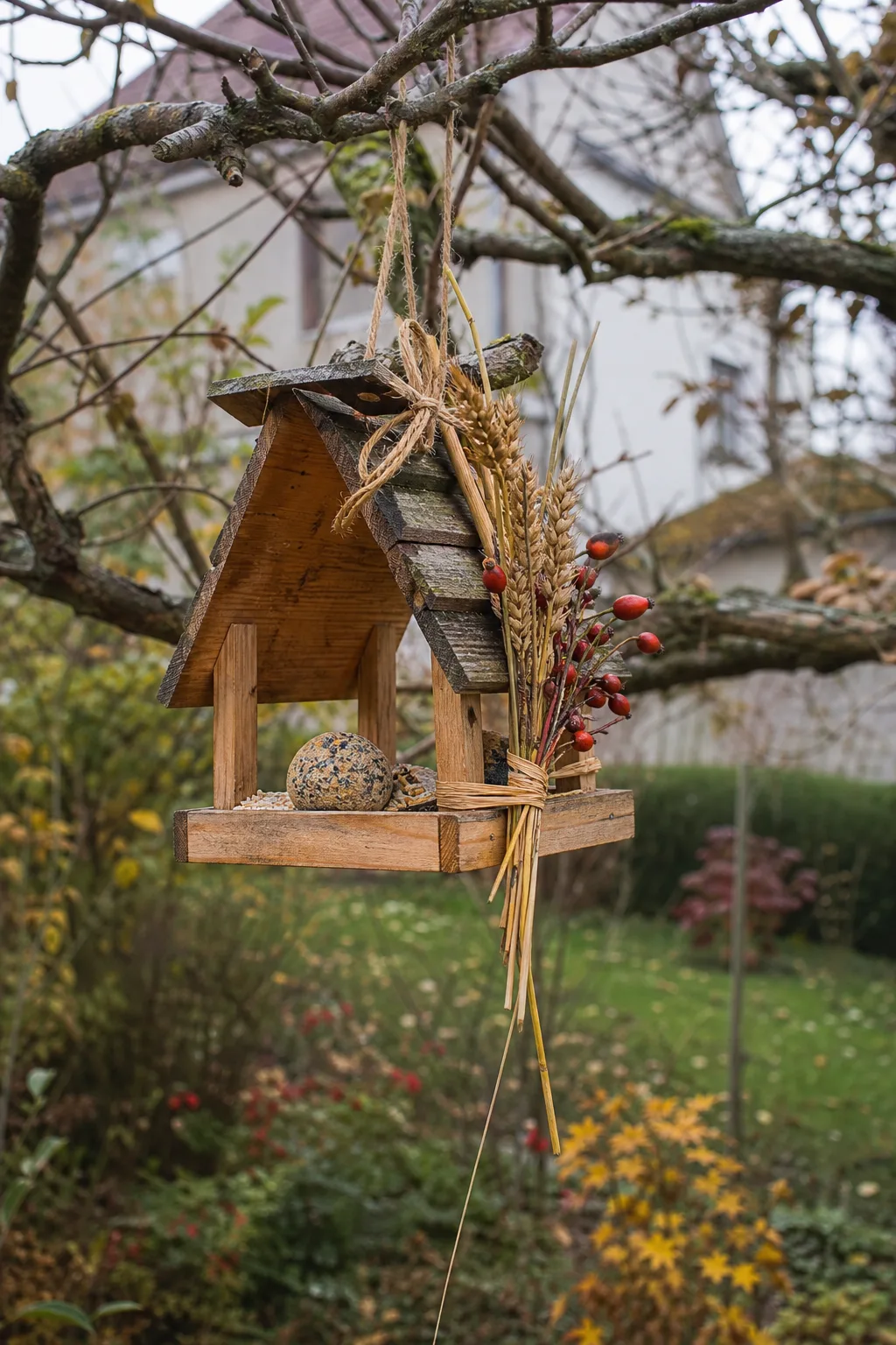 Hölzernes Vogelhäuschen an einem Ast, mit Meisenknödel, daran dekorativ ein Bund Ähren und Hagebuttenzweige gebunden