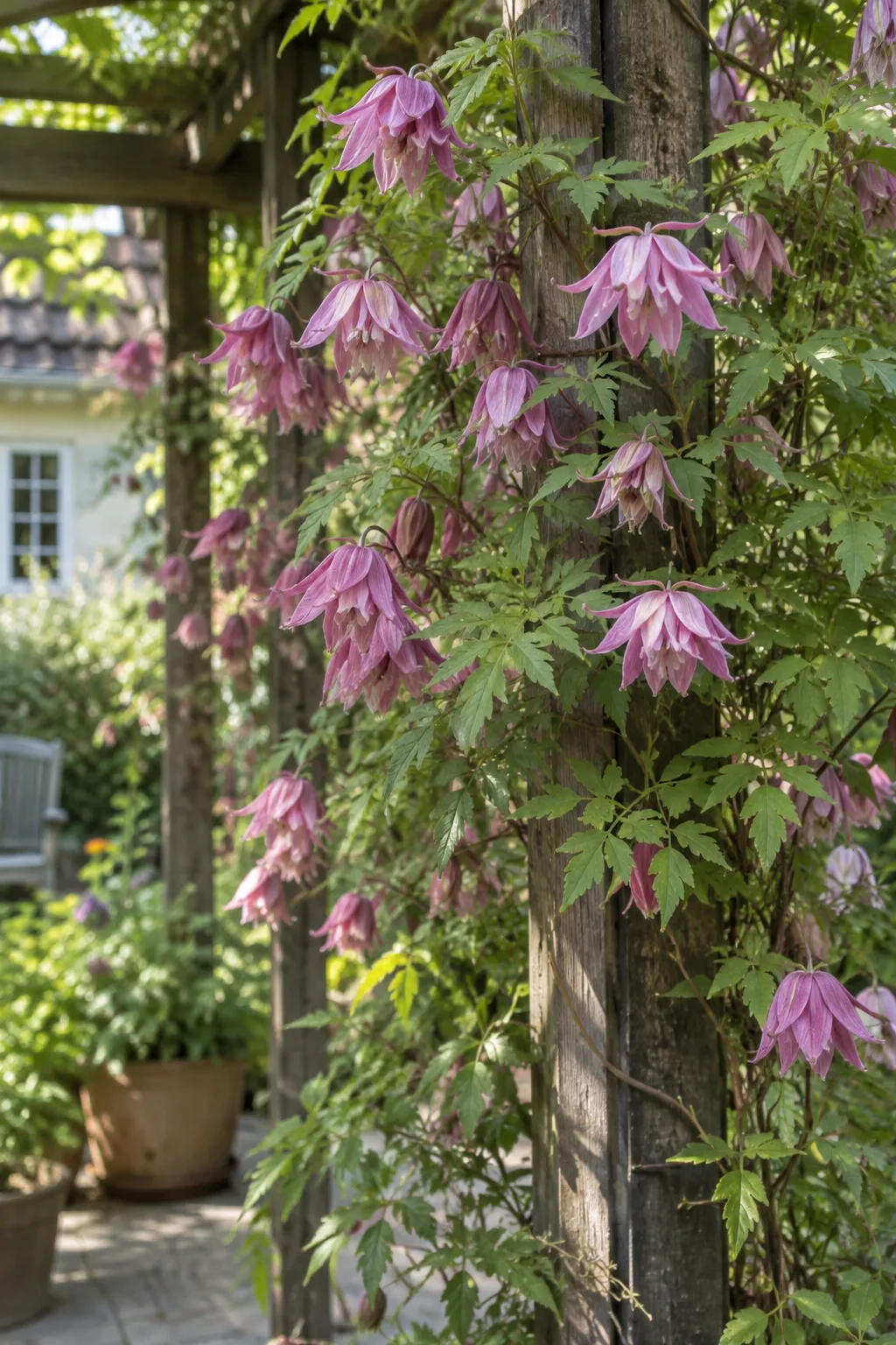 Waldrebe an einem Pergolapfosten mit vielen gefüllten, glockenförmigen Blüten in gedecktem Altrosa im Frühjahr, fein gefiedertes hellgrünes Laub