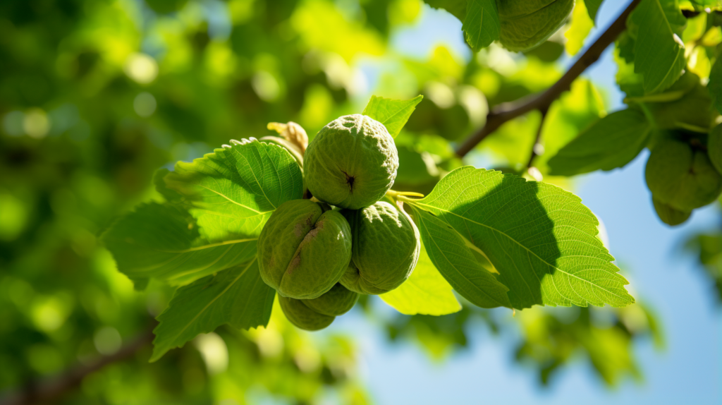 Grüne Walnüsse am Baum im Sonnenlicht.