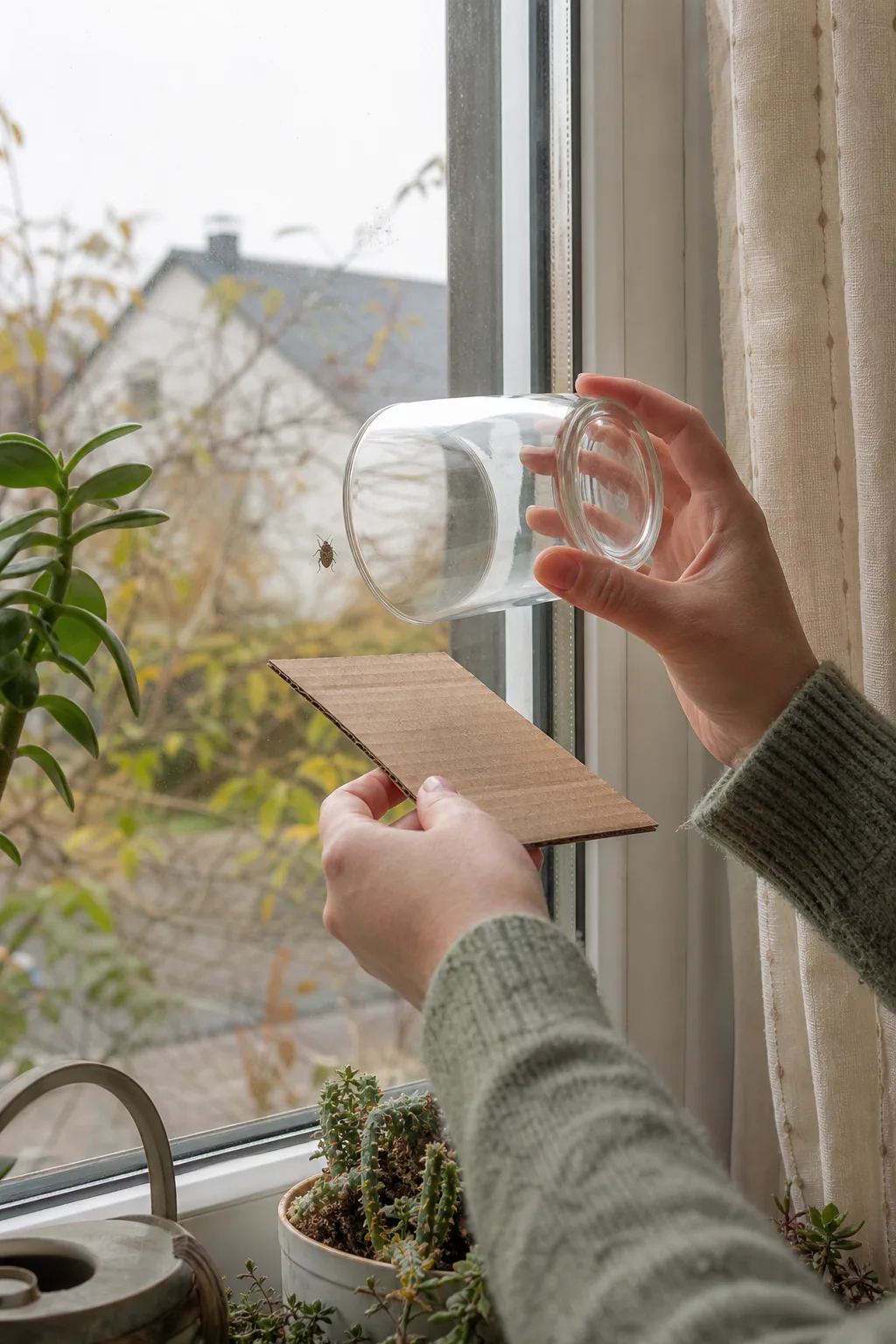 Wanze wird am Fenster mit einem Glas und einem Stück Karton eingefangen