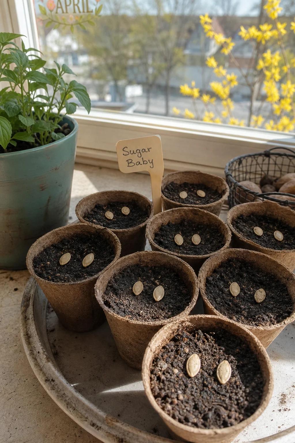 Sechs biologisch abbaubare Kokosfaser-Anzuchttöpfe mit Anzuchterde auf einer sonnigen Fensterbank, in jedem Topf sind zwei flache Wassermelonensamen halbtief eingedrückt, daneben ein kleines Holzschild mit der Aufschrift Sugar Baby.