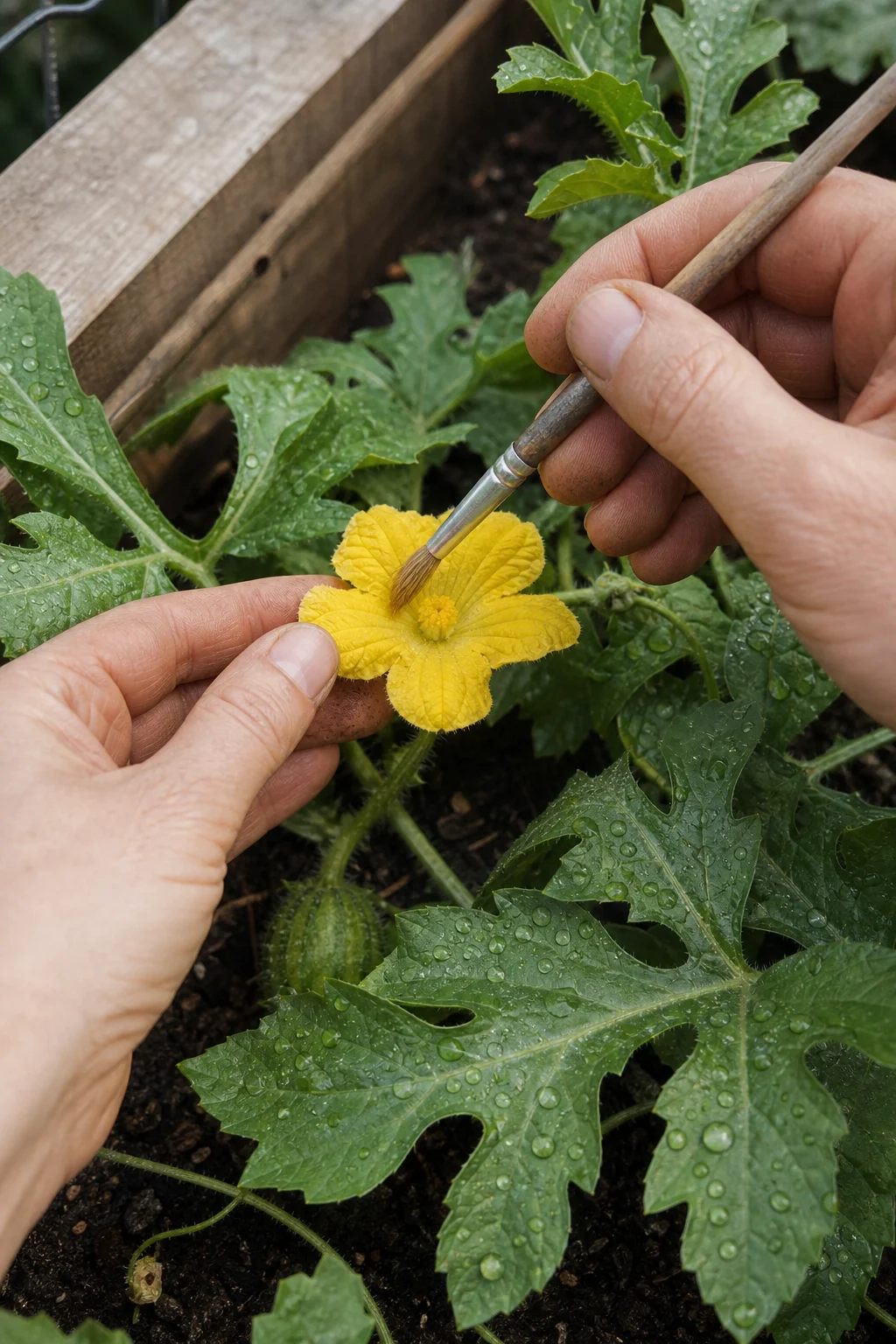 Zwei Hände halten einen weichen kleinen Pinsel an die Mitte einer gelben Wassermelonen-Blüte, auf den Nachbarblättern glitzert Morgentau.