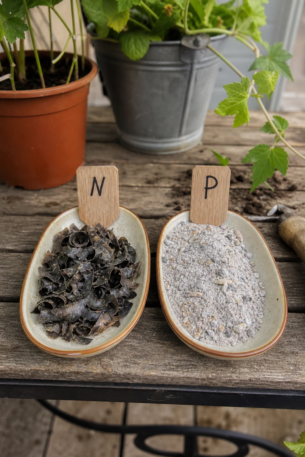 Zwei Schälchen nebeneinander auf einem Gartentisch, links dunkle trockene Hornspäne, rechts blassgrau-weißes Knochenmehl-Holzasche-Gemisch, davor zwei kleine Holzschilder mit den Aufschriften N und P.