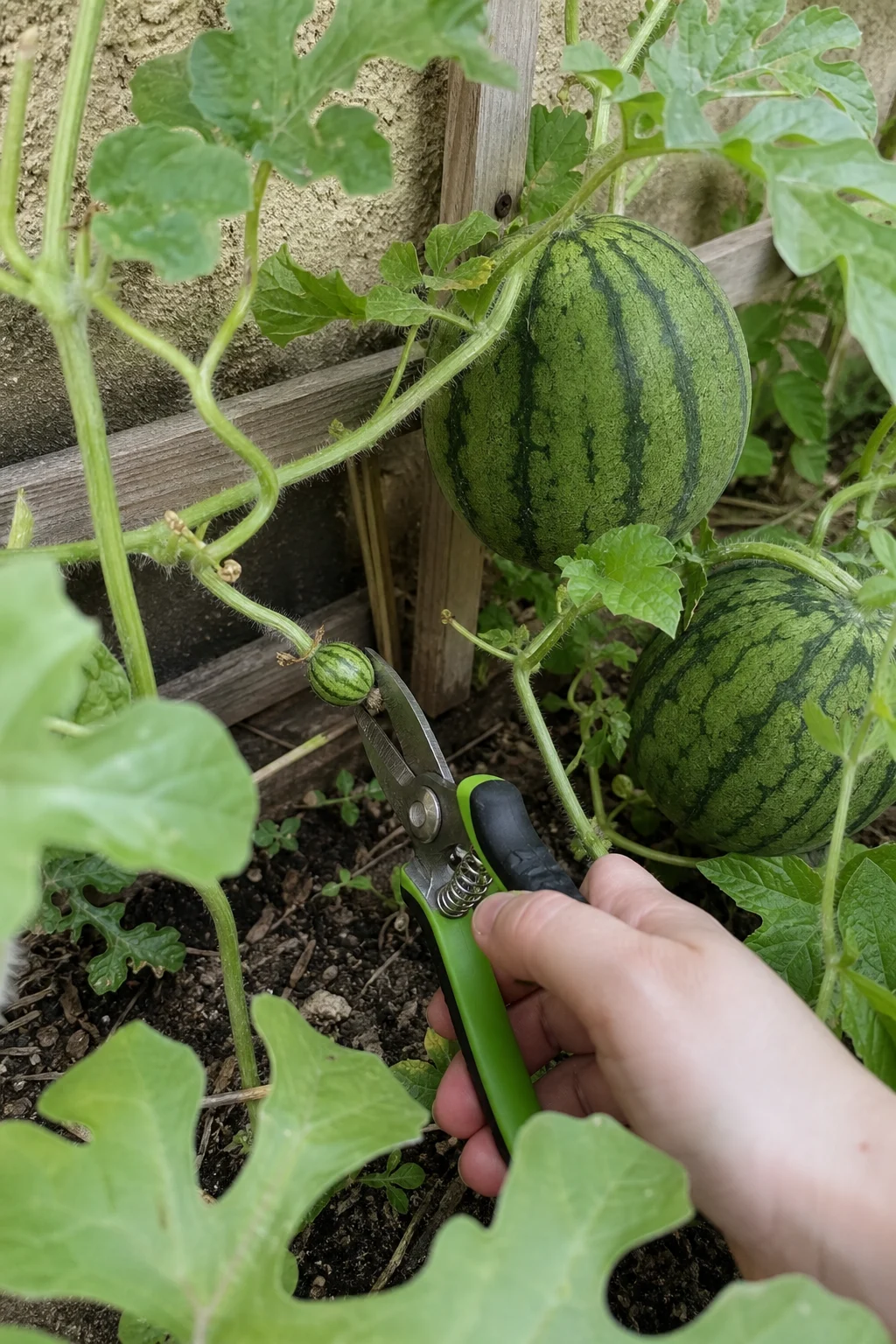 Eine Gartenschere schneidet eine kleine unreife Wassermelone am Ansatz vom Trieb ab, zwei größere Früchte bleiben an der Ranke, scharfer Fokus auf den Schnitt.
