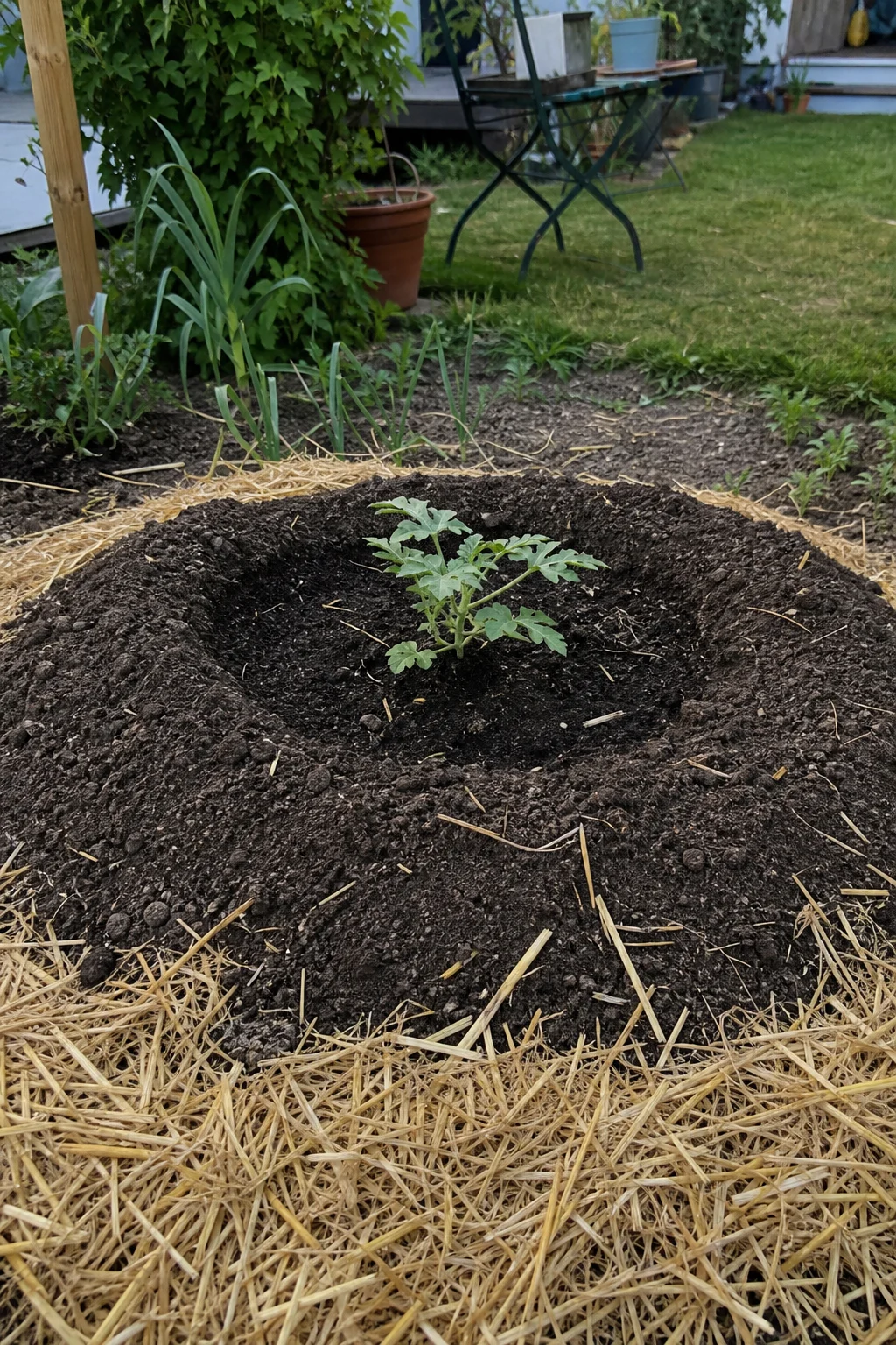 Frisch aufgesetzter Pflanzhügel aus dunklem Kompost mit Sand, oben eine flache muldenförmige Vertiefung, in der Mitte ein junger Melonensämling, der Hügelfuß ist mit Stroh gemulcht.