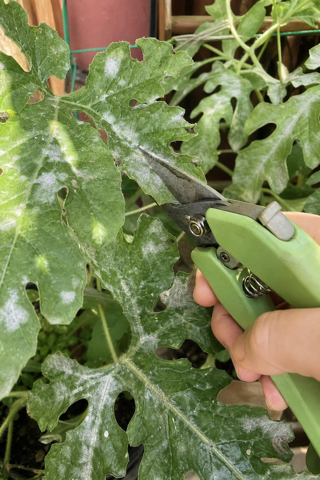 Wassermelonenblatt mit mehligen weißen Belägen durch Echten Mehltau, eine Hand mit einer Gartenschere setzt zum Abschneiden des befallenen Blatts an, Tageslicht.