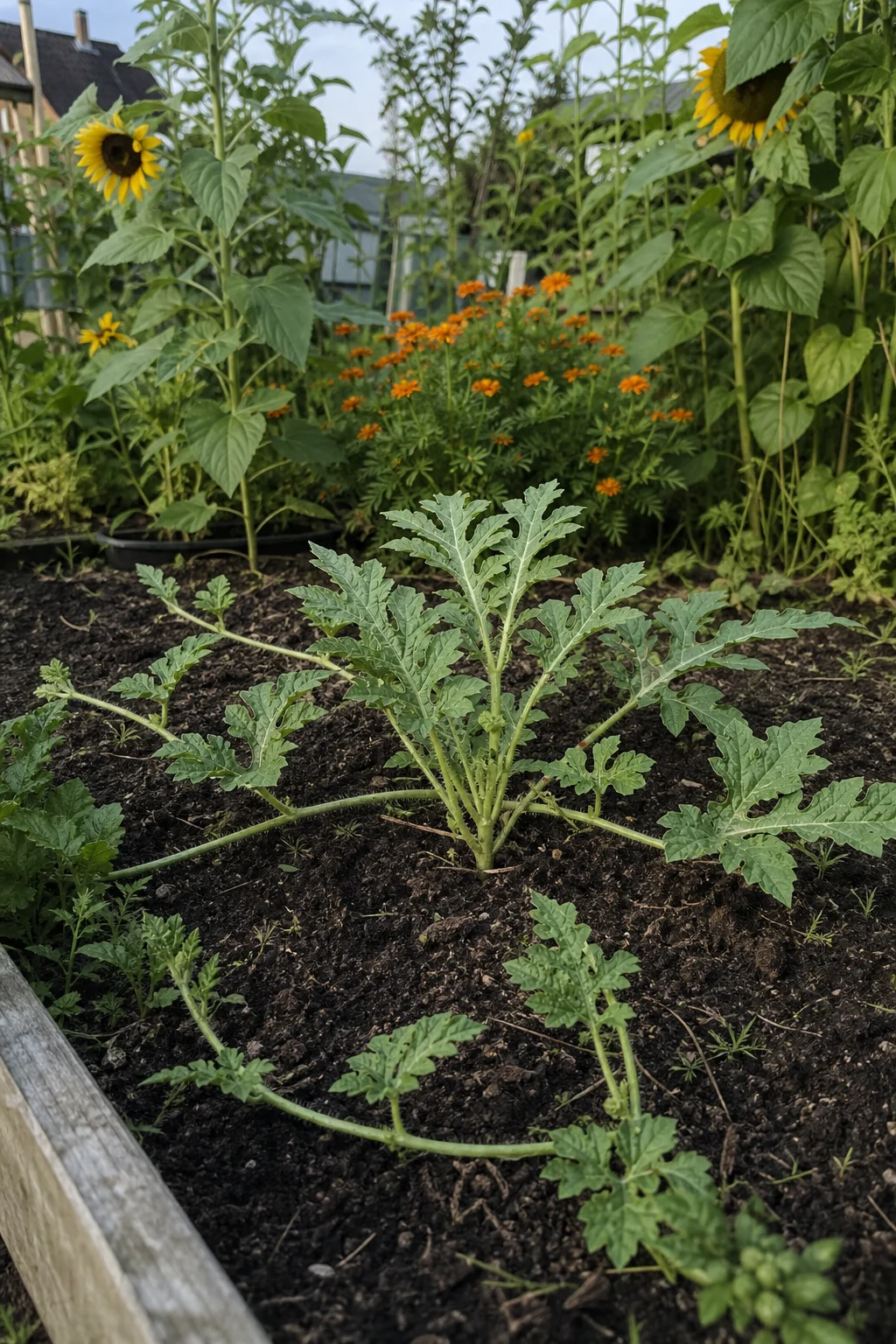 Junge Wassermelonenpflanze in der Mitte eines Gartenbeets, lange Triebe beginnen sich auszubreiten, im Hintergrund hohe Sonnenblumen und orange Studentenblumen.