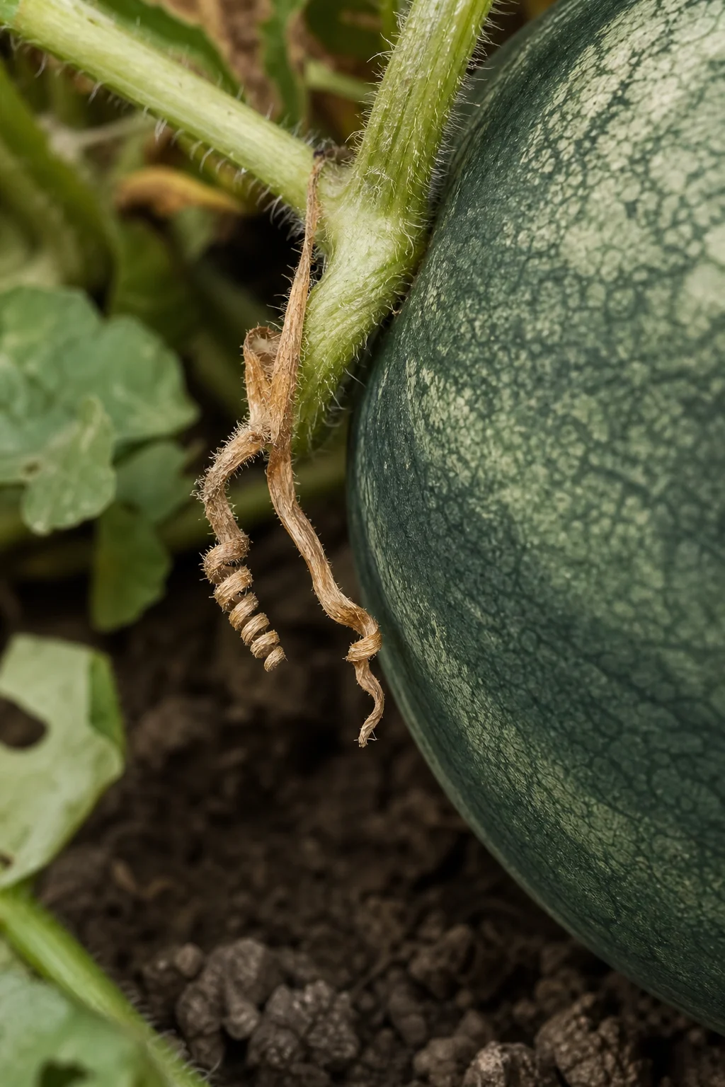 Vertrocknete braune Wickelranke direkt neben dem Stiel einer reifen Wassermelone in einem Gartenbeet, der Kontrast zwischen trockener brauner Ranke und matt-grüner Melone gut erkennbar.