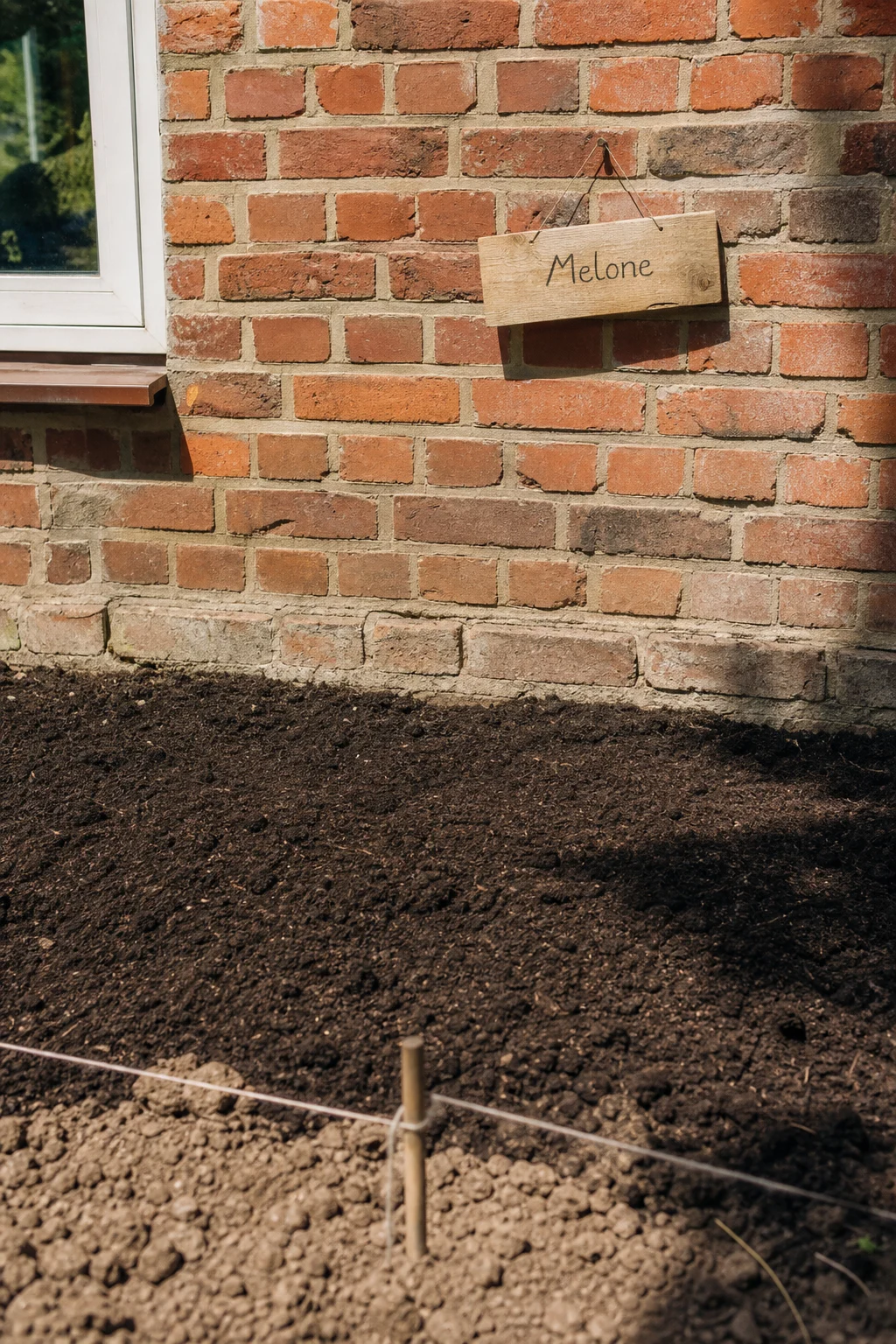 Ein vorbereitetes Beet an einer südseitigen Backsteinwand in einem deutschen Garten, dunkler humoser Boden, ein Holzschild mit der Aufschrift Melone und starkes Mittagssonnenlicht.
