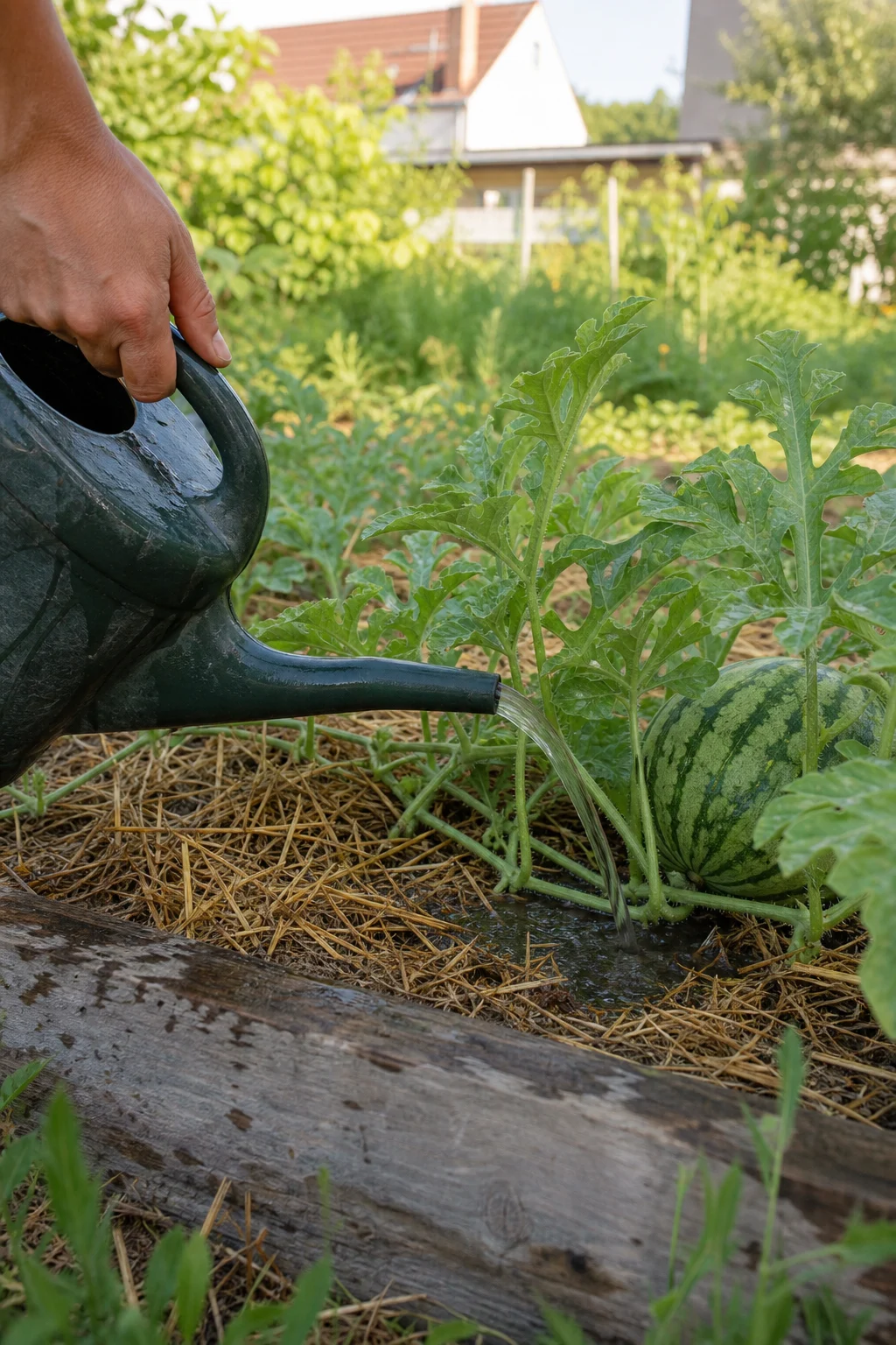 Eine Hand gießt mit einer Kanne mit langem Auslauf gezielt am Wurzelhals einer Wassermelonenpflanze, im Morgenlicht sind Wassertropfen sichtbar, drumherum trockenes Mulchstroh.