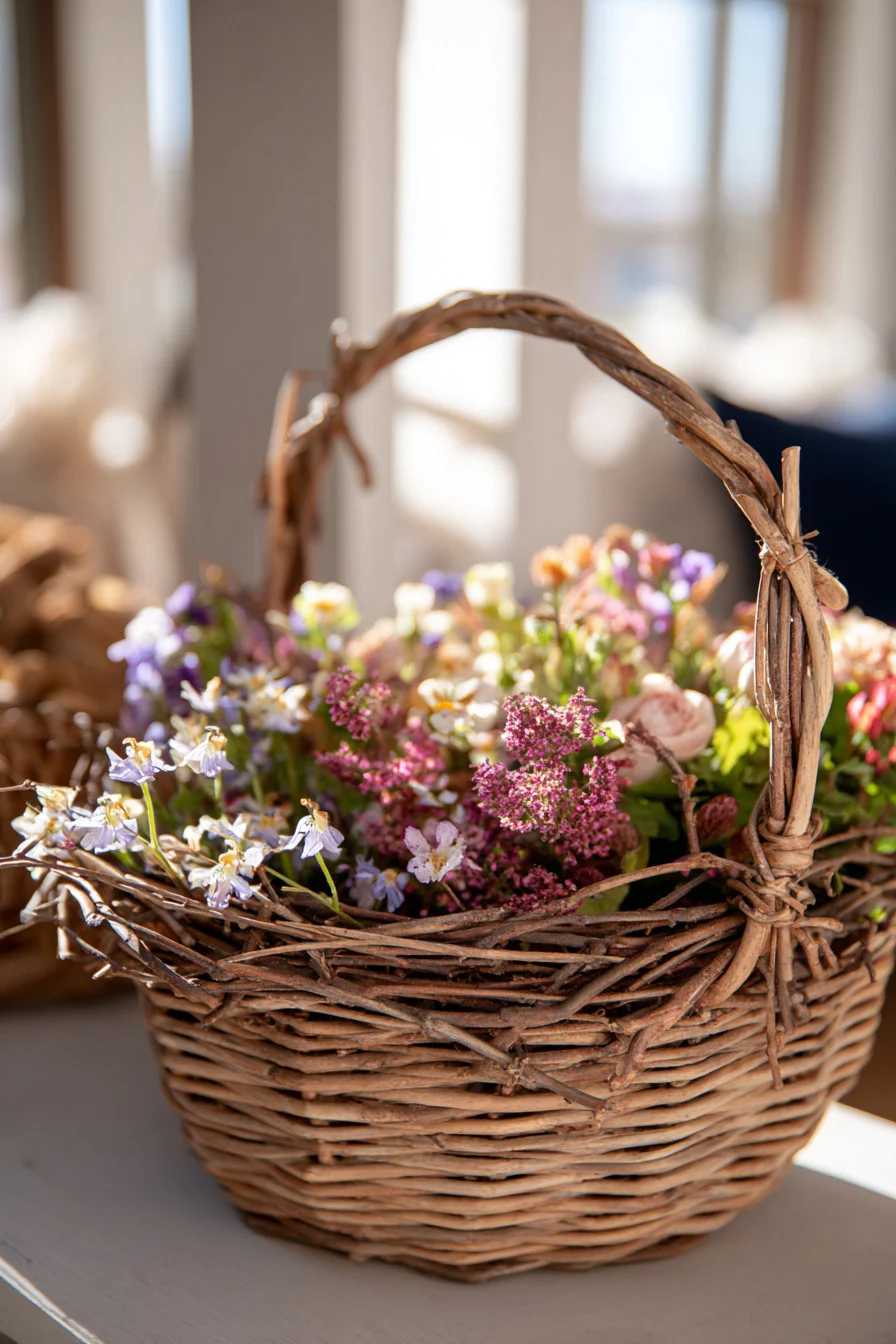 Weidenkörbchen mit Frühlingsblumen und Zweigen dekoriert