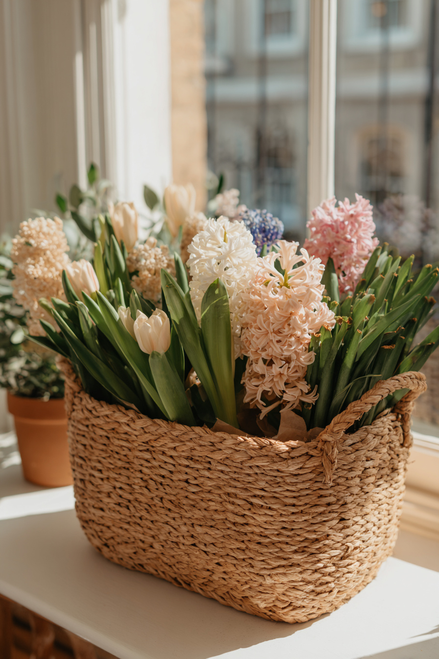 Weidenkorb mit pastellfarbenen Frühlingsblumen auf Tisch