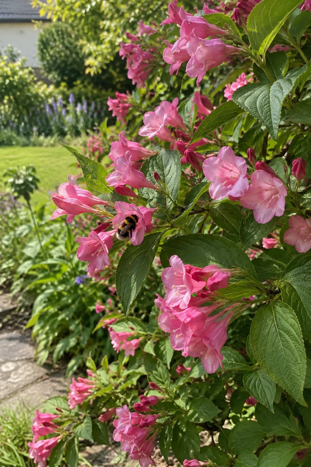Weigelie am Rand eines halbschattigen Gartens mit überhängenden Zweigen voller trichterförmiger rosa Blüten, in eine fliegt eine Hummel